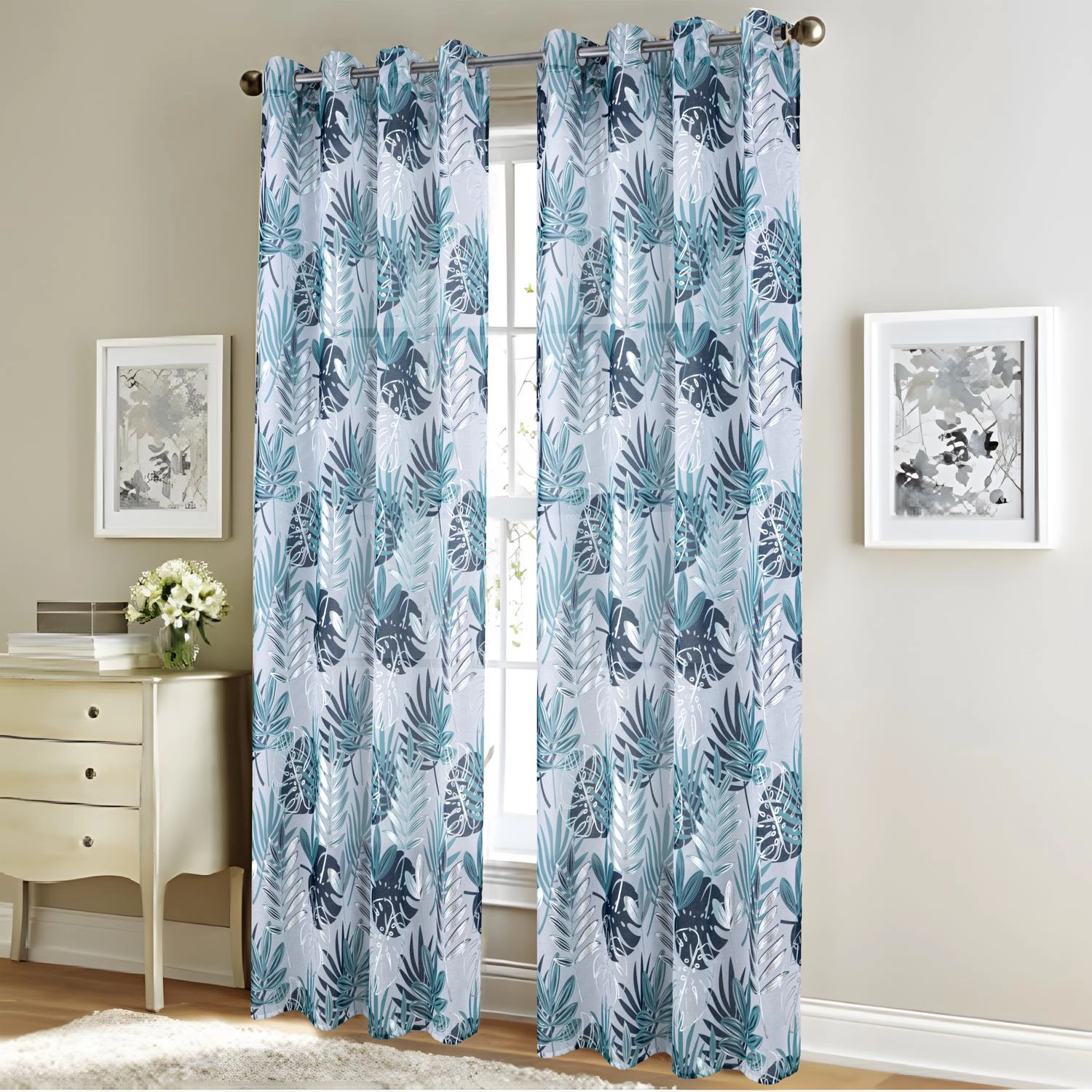 RT Designer Collection Fern Foil Printed Doily Luxurious Decorative Grommet Curtain Panel 54" x 90" Wedge