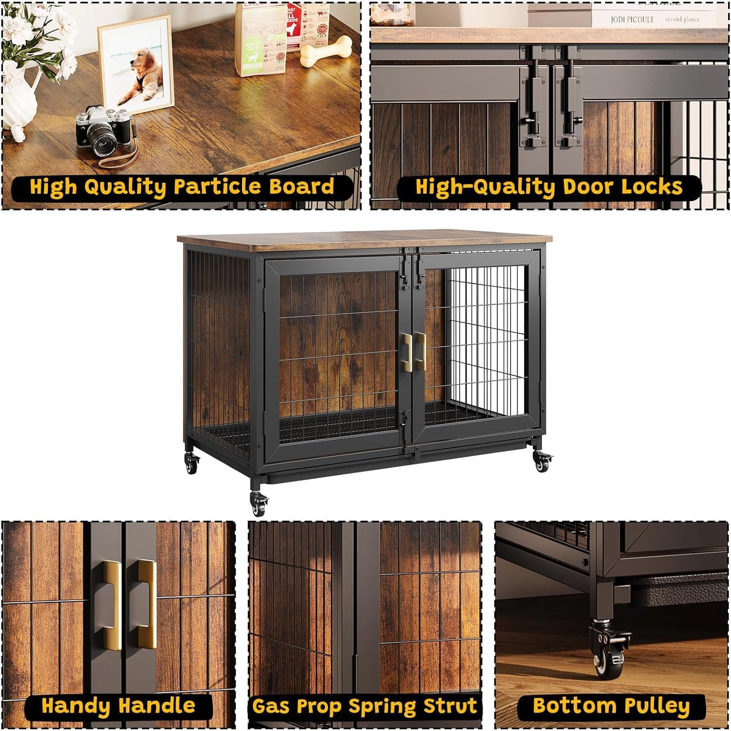 37.5 Inch Ironwood Dog Crate, Indoor Pet Kennel with Lockable Wheels & Removable Tray
