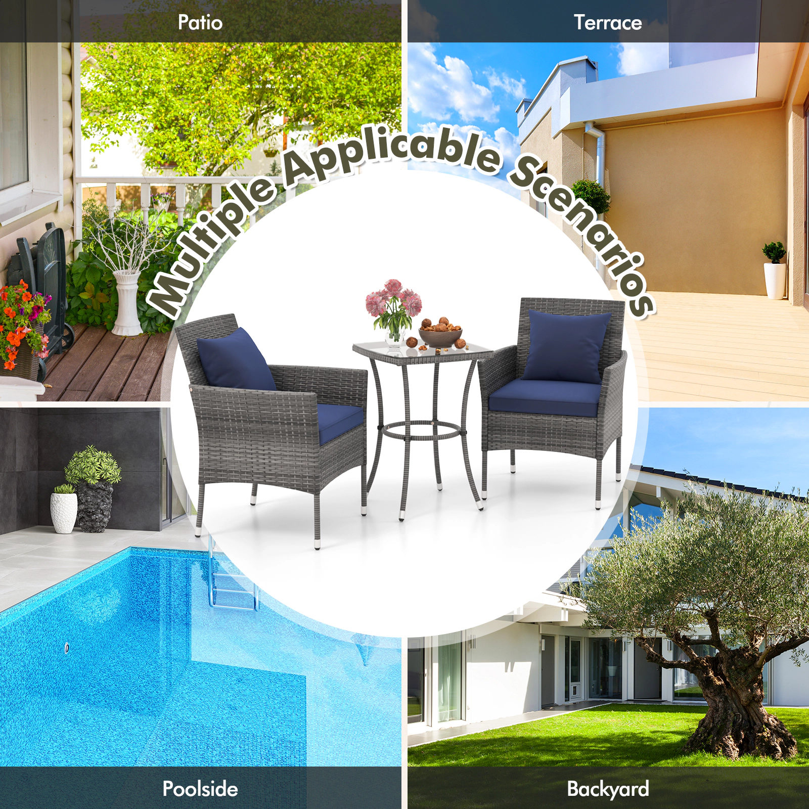 SUGIFT Navy Cushions and Tempered Glass Side Table 3-Piece Patio Rattan Chair Set