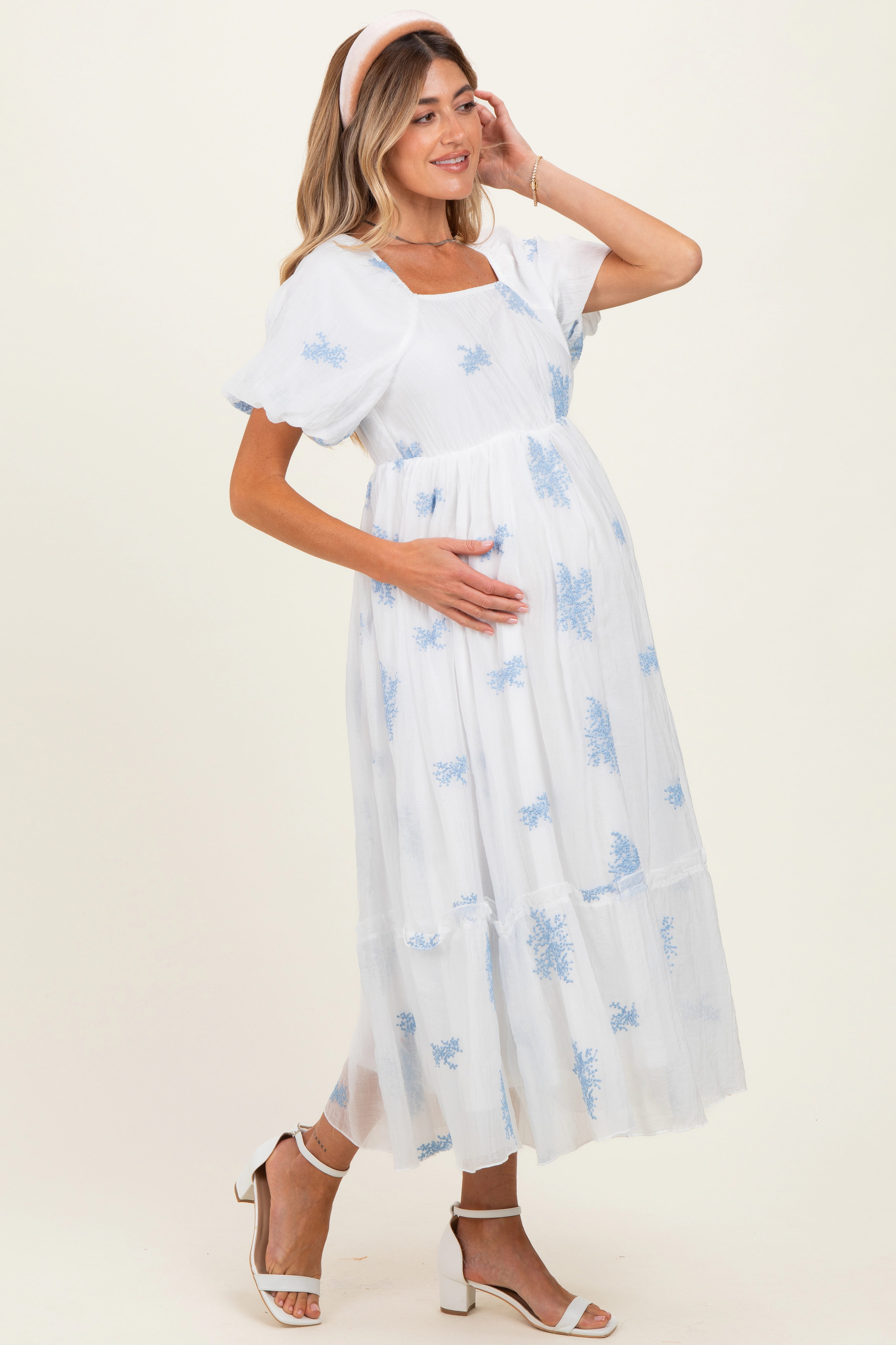 PinkBlush Womens Pink Floral Print Ruffle Hem Maternity Midi Dress