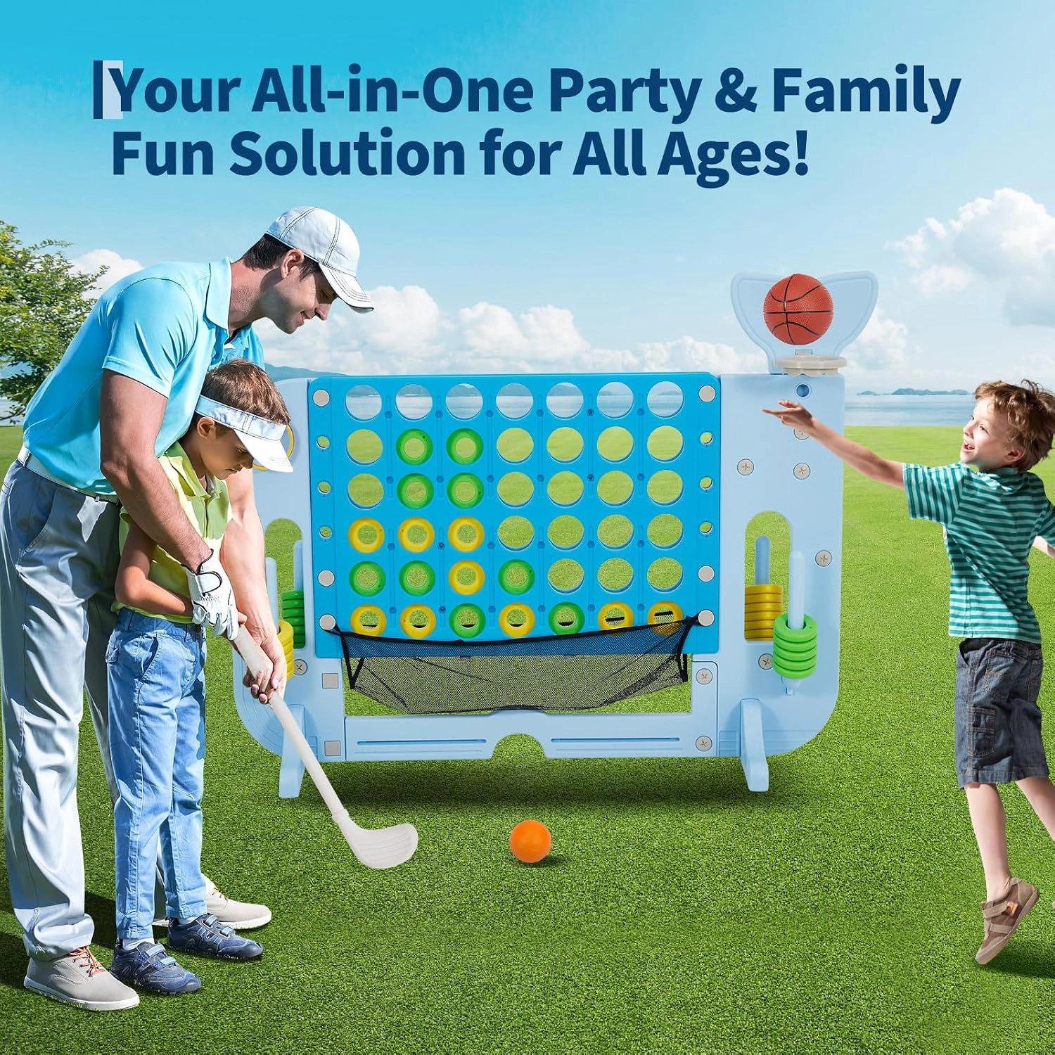 Giant 4-in-a-Row Game Set, Height-Adjustable 4-in-1 Outdoor Yard Game with Basketball, Mini Golf & Ring Toss