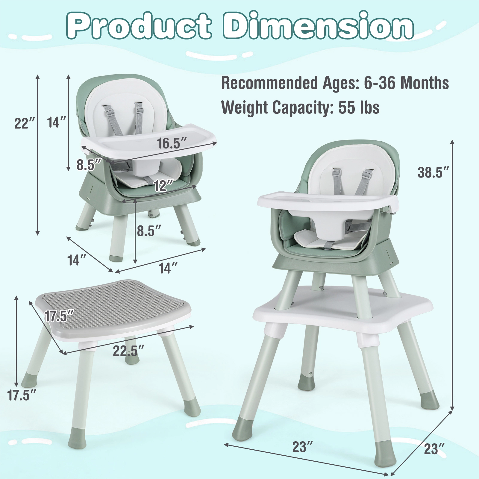 Easy-Clean 6-in-1 Baby Highchair Dishwasher-Safe BPA-Free Tray Removable Cushion Anti-Falling Barrier Green