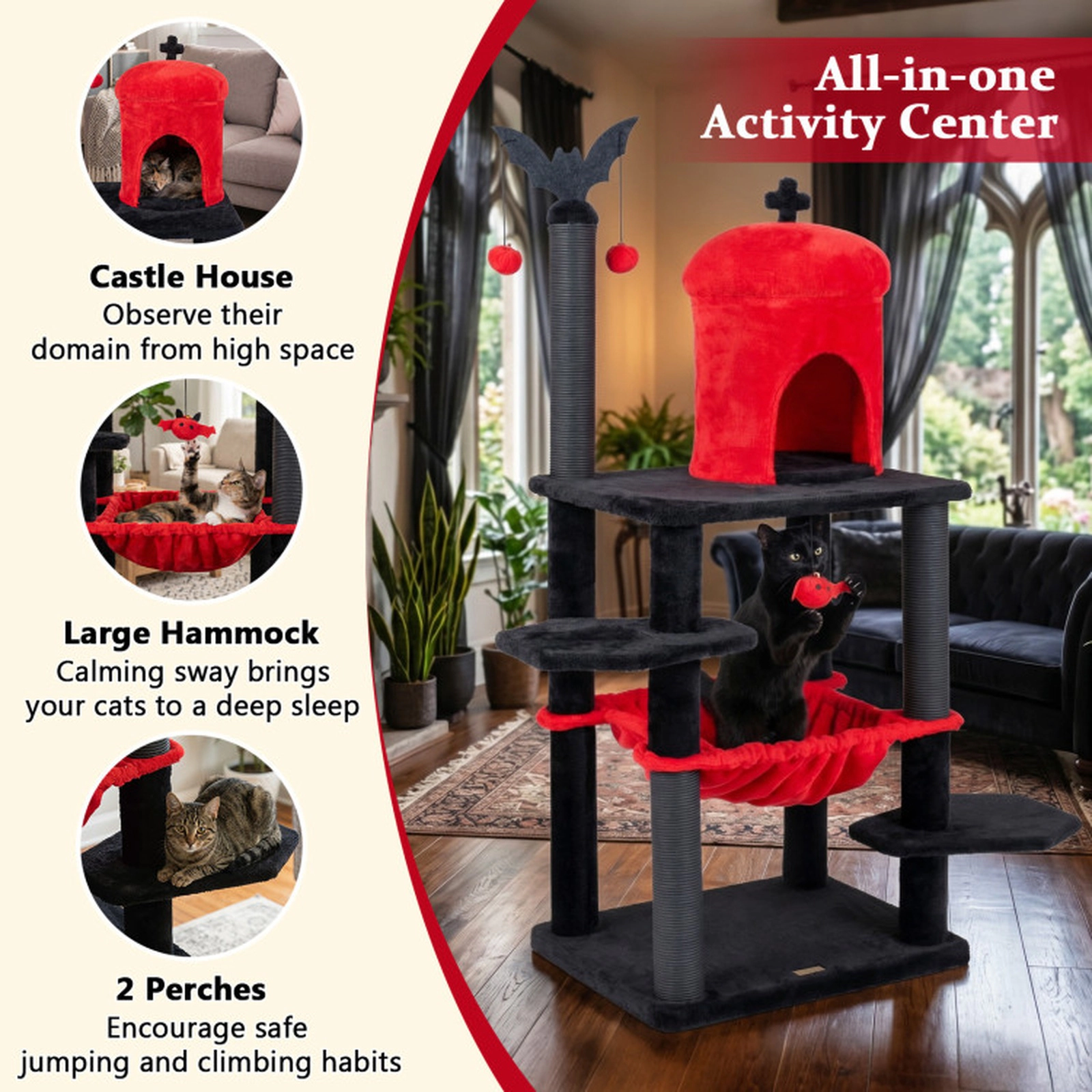 SUGIFT 51-in Gothic Multi-level Cat Tree with Spider Hanging Toy 22-lb Capacity Halloween Red & Black