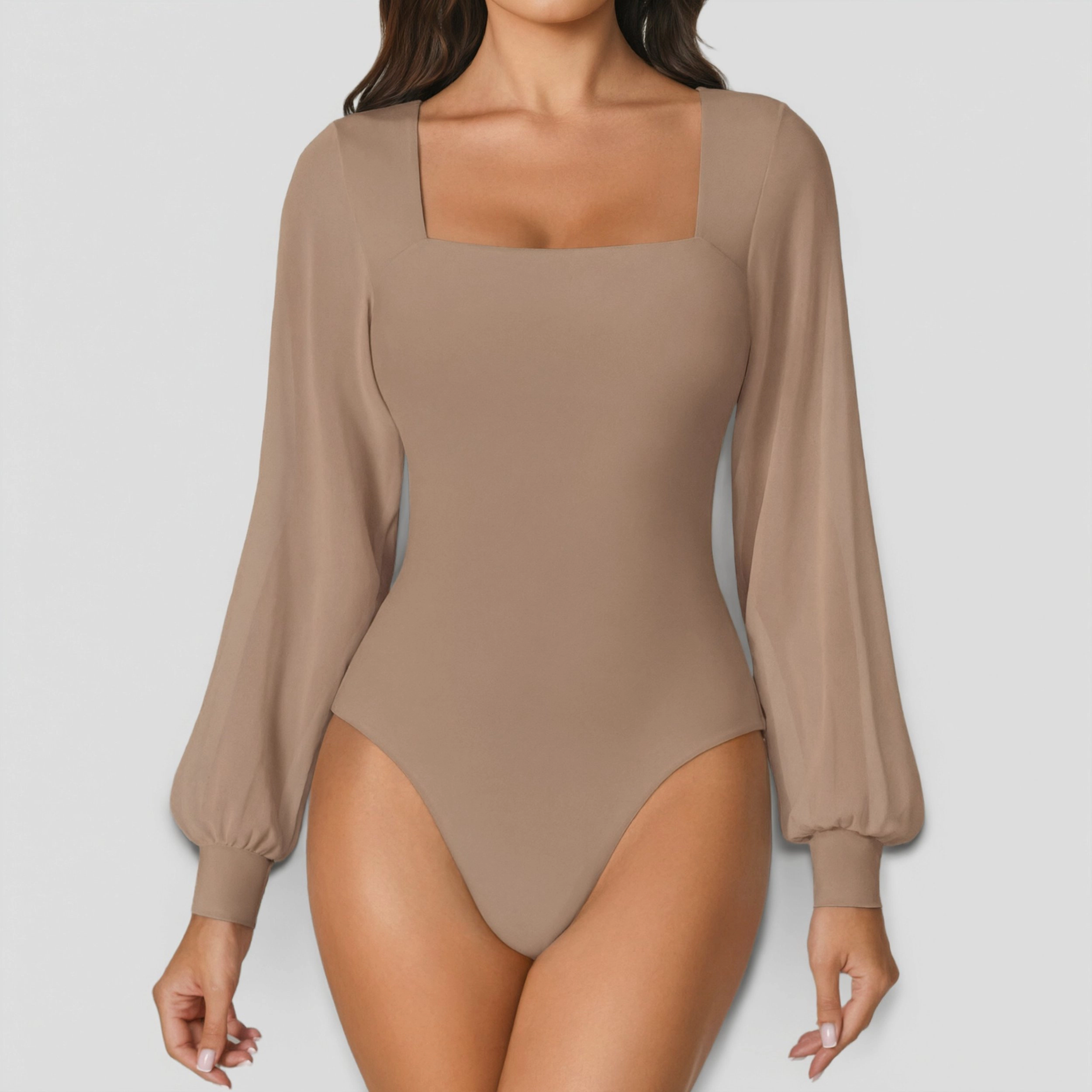 Avidlove Women's Square Neck Mesh Thong Long Sleeve Bodysuit