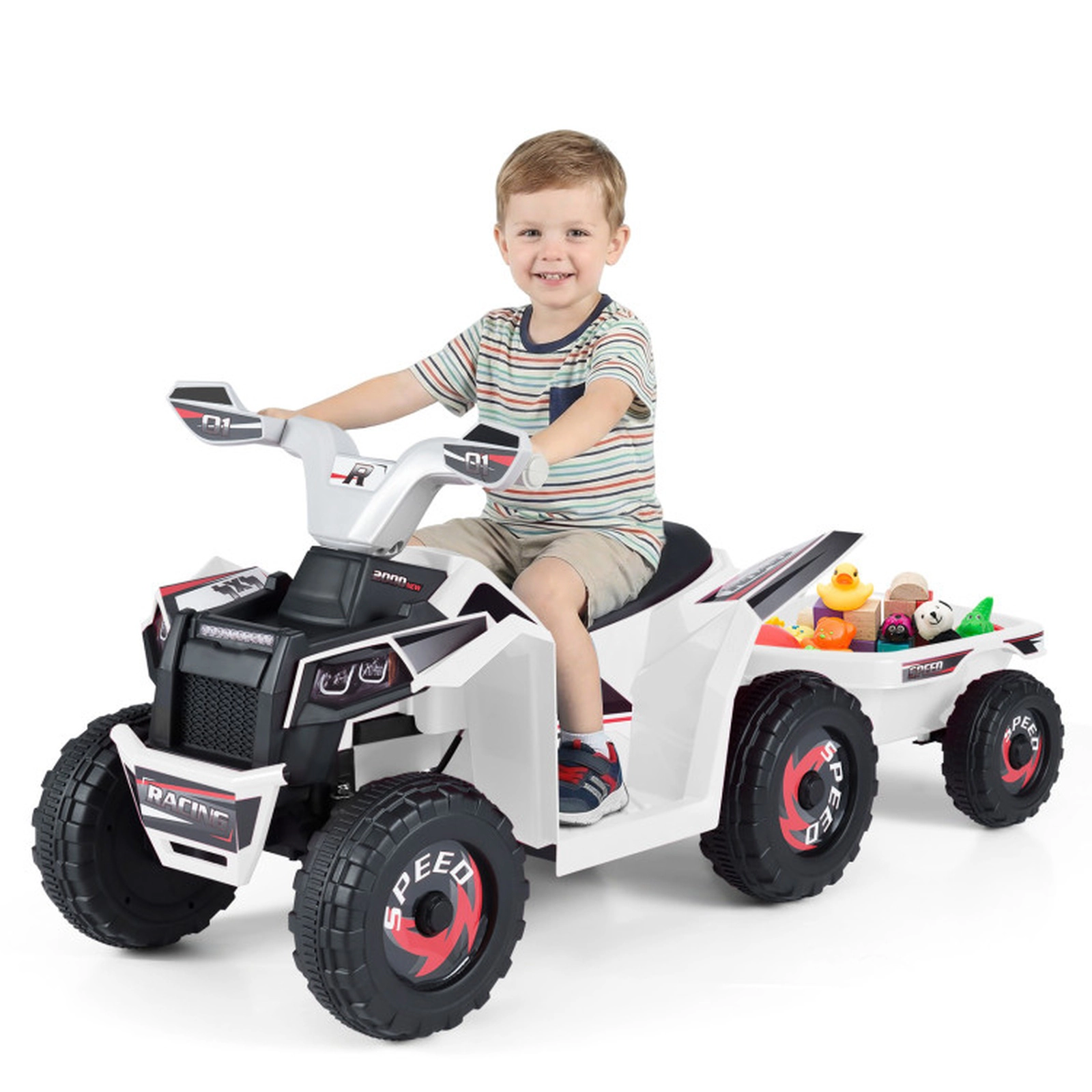 SUGIFT 6V Battery-Powered Kids Electric ATV Quad Car with Detachable Trailer 66-lb Capacity Ages 3+ 41-in Long White