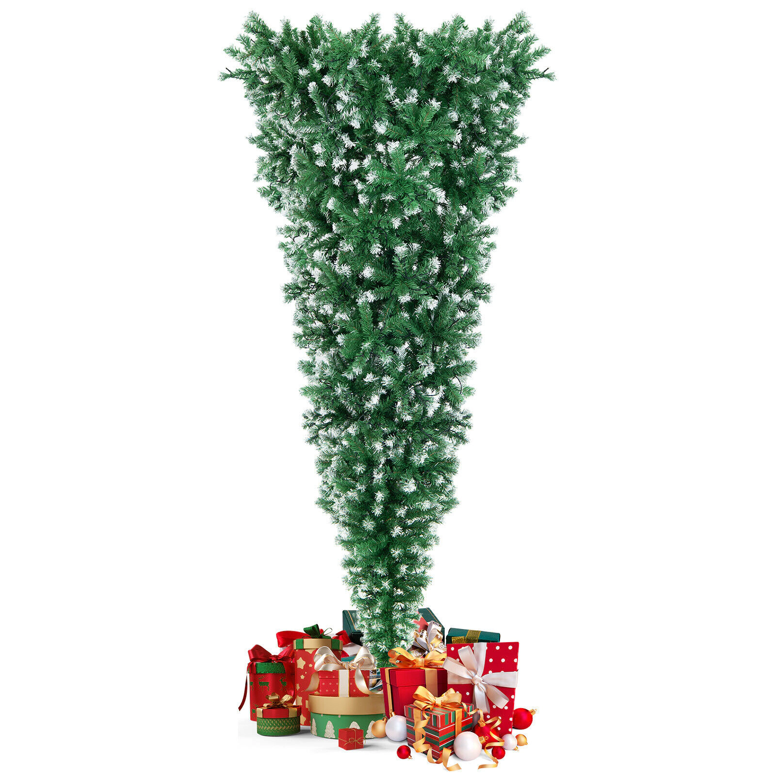 SUGIFT 7.5-ft Pre-Lit Snowy Upside Down Christmas Tree 1100 Tips with 400 LED Lights 3-Section PVC Metal Green