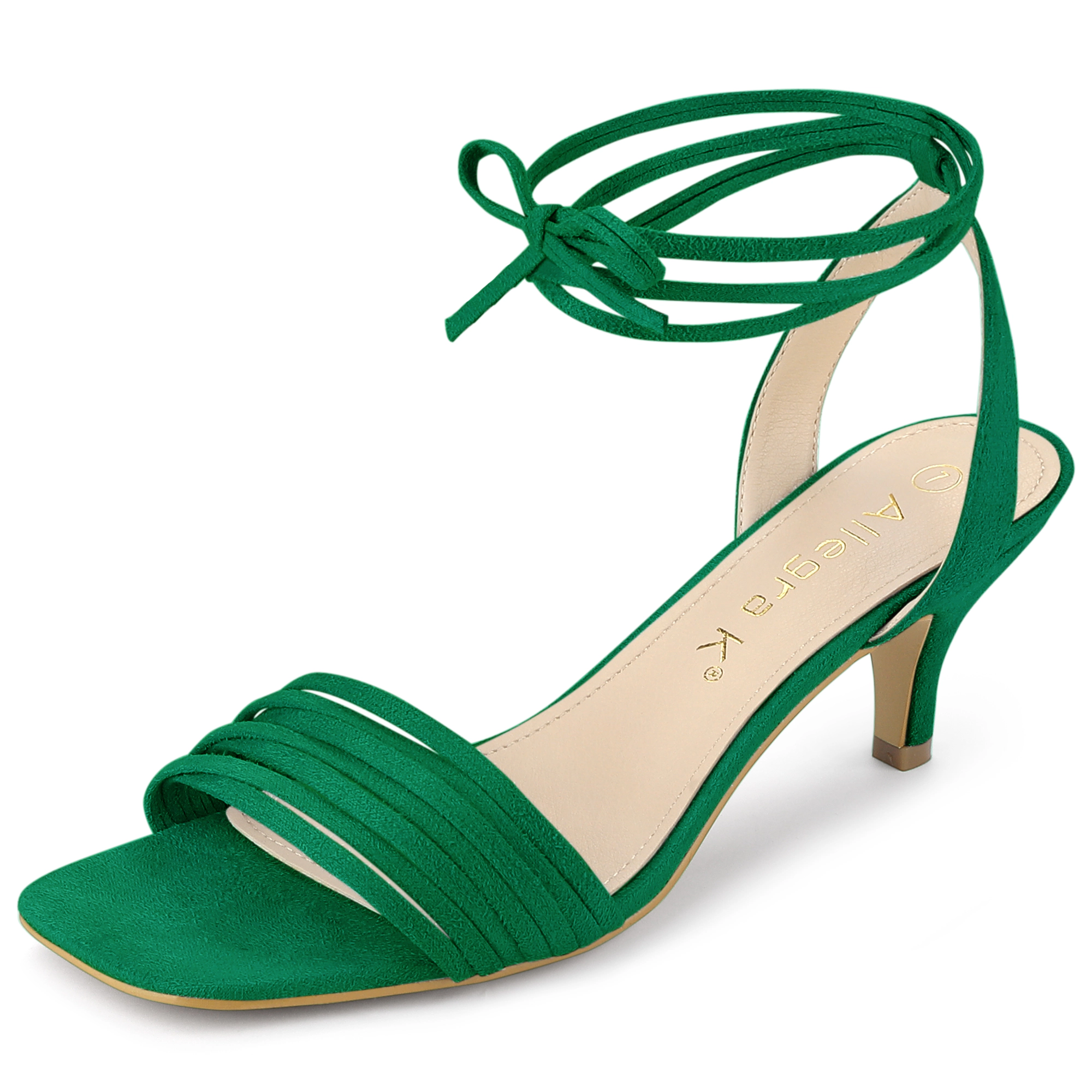 BLISSFUL STEP Women's Faux Suede Lace Up Open Toe Kitten Heel Slingback Sandals