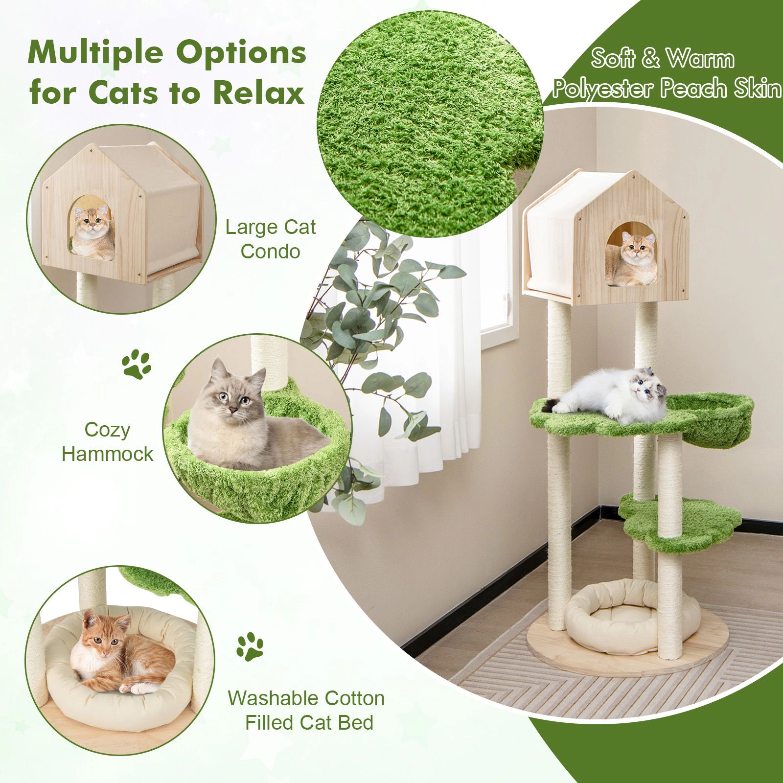 SlickBlue 55" Green Beige Cat Tree with Condo Hammock Scratching Posts