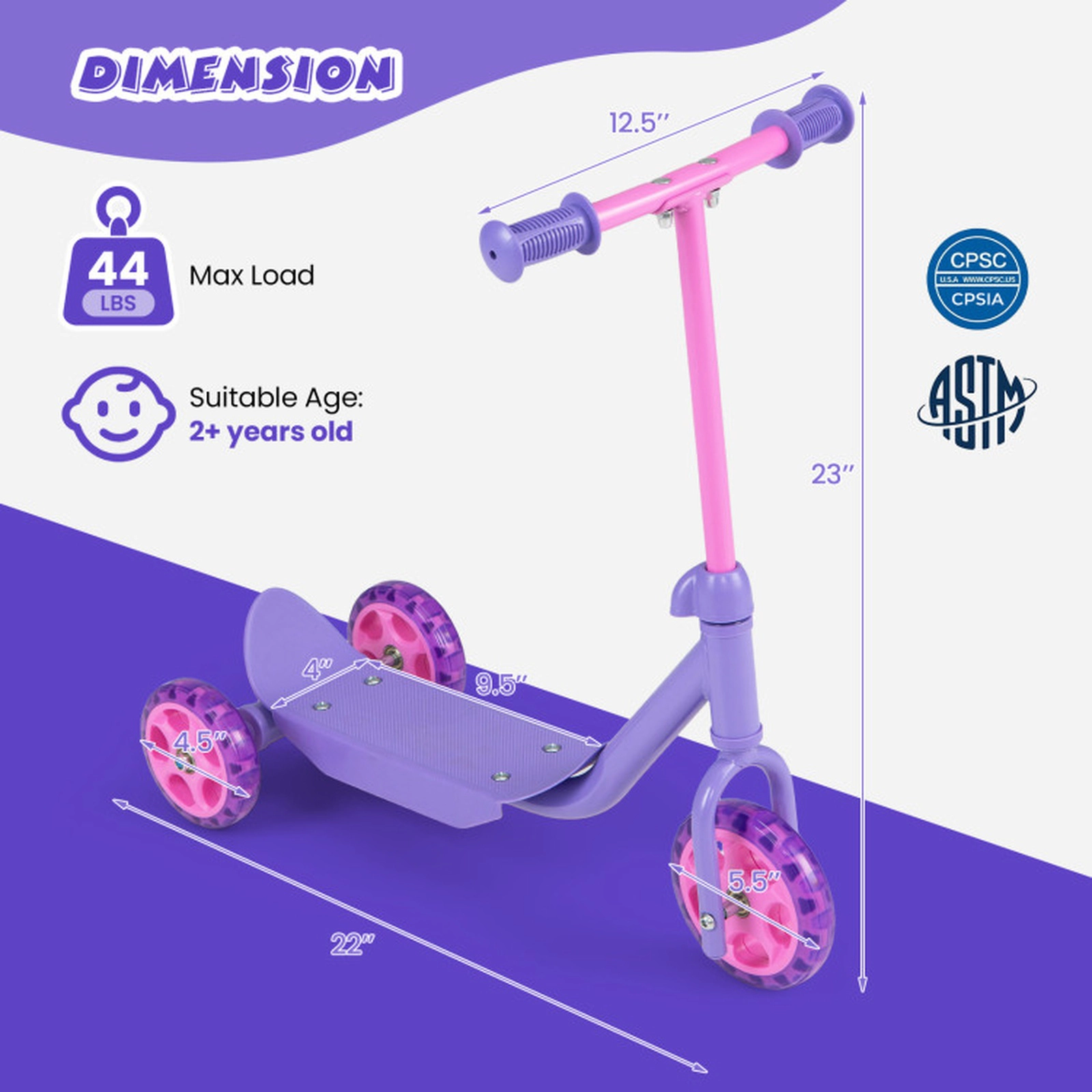 SUGIFT 3-Wheel Kids Scooter with LED Light-Up Wheels Wide Anti-Slip Deck 44-lb Capacity Ages 2+ Pink and Purple