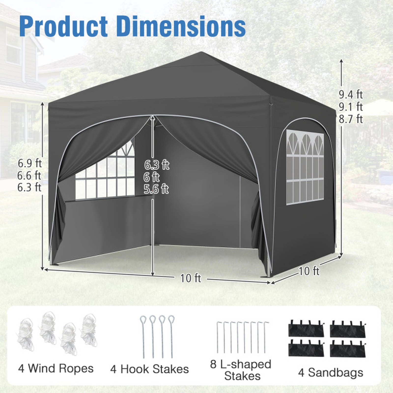 SUGIFT Gray Pop Up Canopy Tent with 4 Detachable Sidewalls Wheeled Bag and 4 Sandbags 10-ft W 10-ft D 9.4-ft H