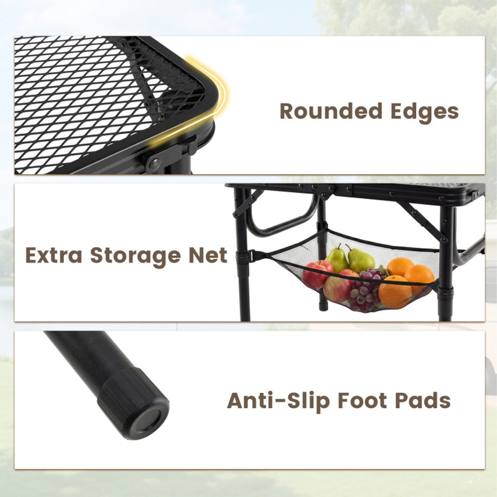 SUGIFT Black 90-lb Capacity 3-Height Adjustable Folding Aluminum Camping Table with Mesh Top and Storage Net