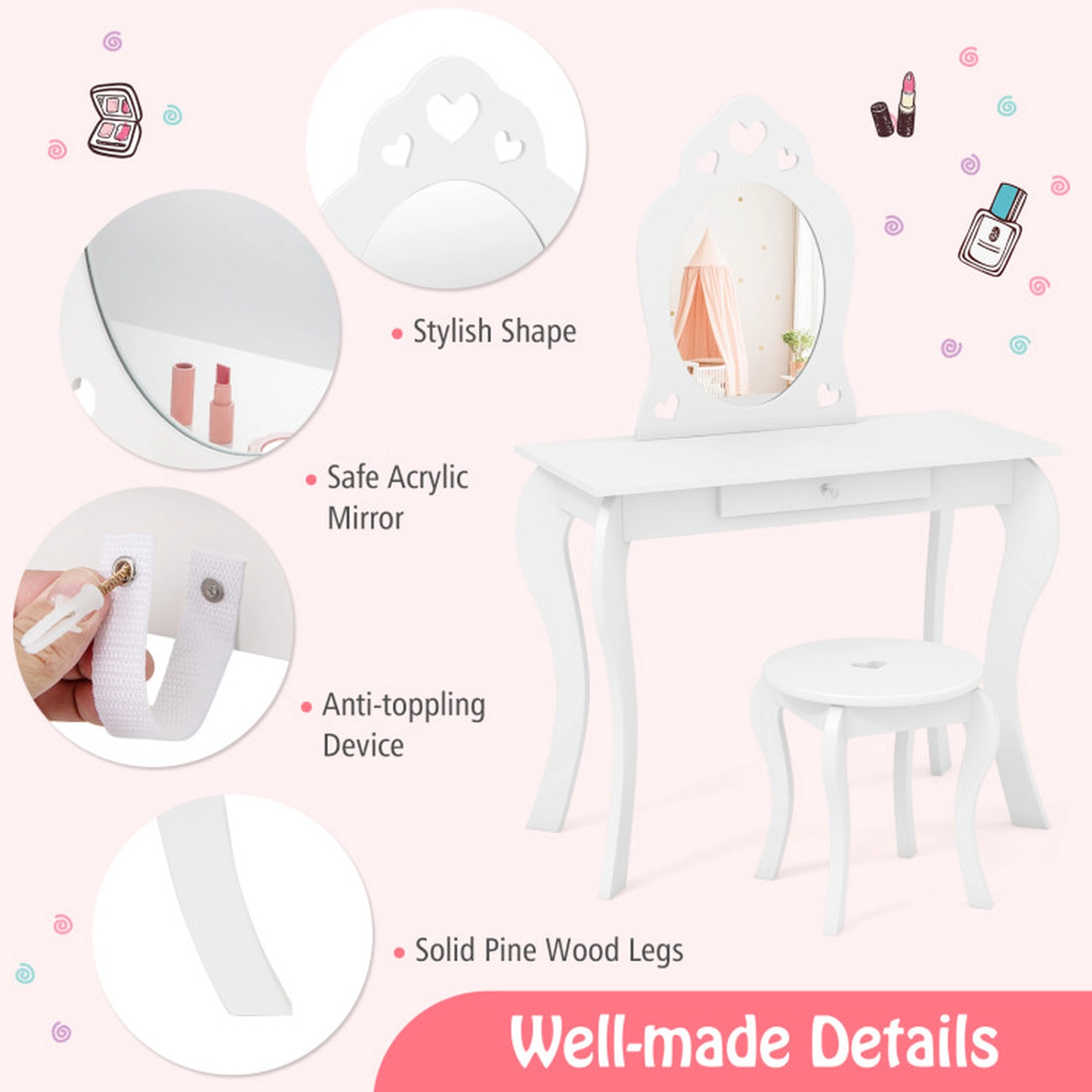 SUGIFT Kids Princess Makeup Dressing Vanity Table and Stool Set with Mirror 66-lb Stool Capacity Pink/White