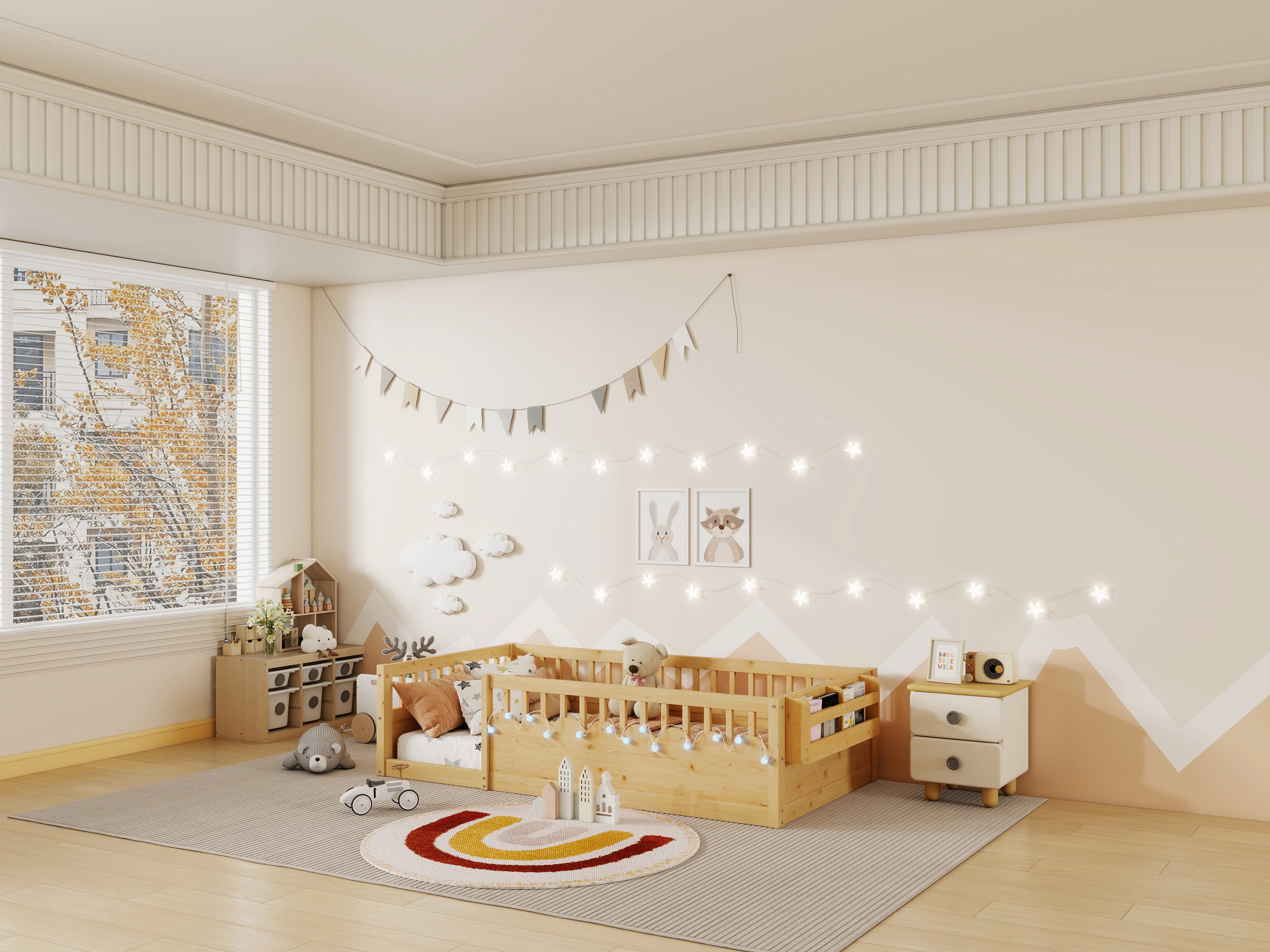 Flynama Twin Montessori Floor Bed with High Rails, Light & Storage Shelf, Natural