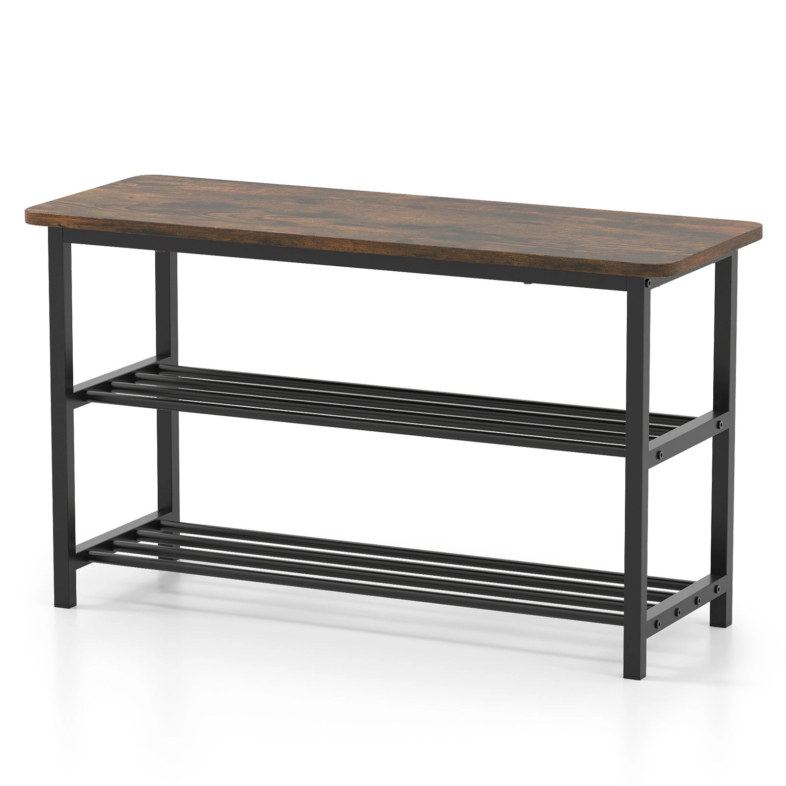 SlickBlue 3 Tier Shoe Rack Bench with Wooden Seat and Metal Shelves