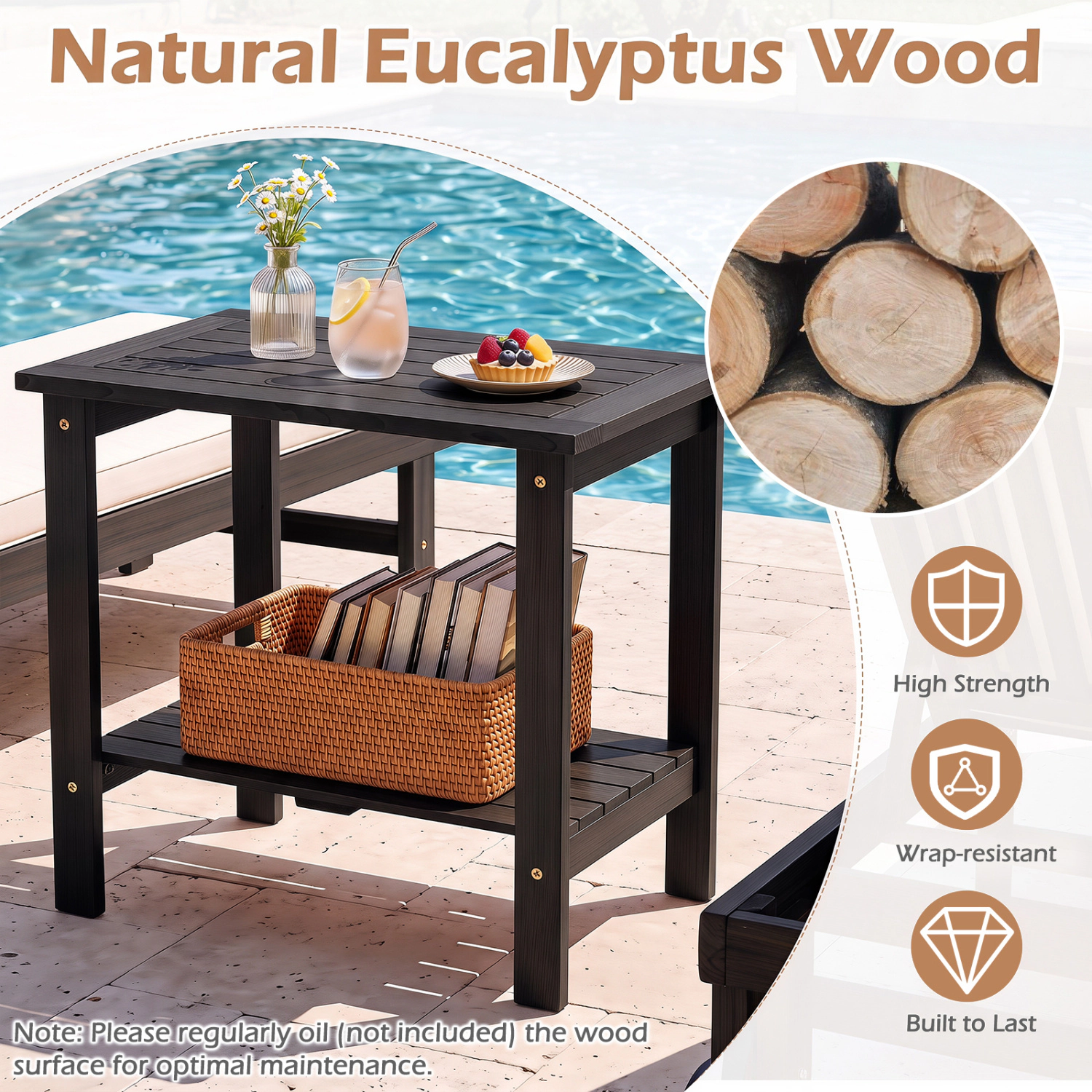 LJG 2-Tier Wood Patio End Table with Slatted Tabletop and Storage Shelf for Backyard