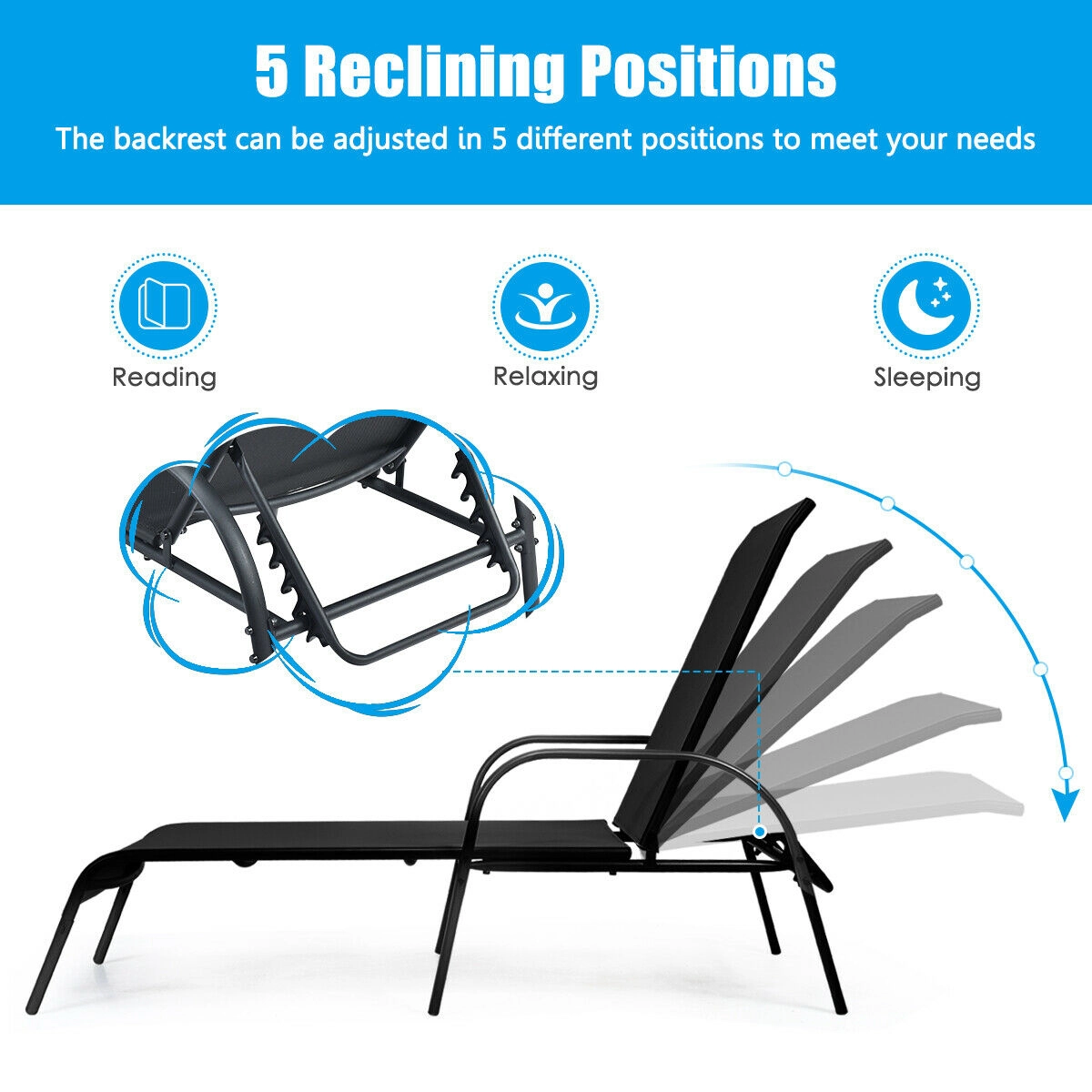 LJG Adjustable Patio Chaise Folding Lounge Chair with Backrest