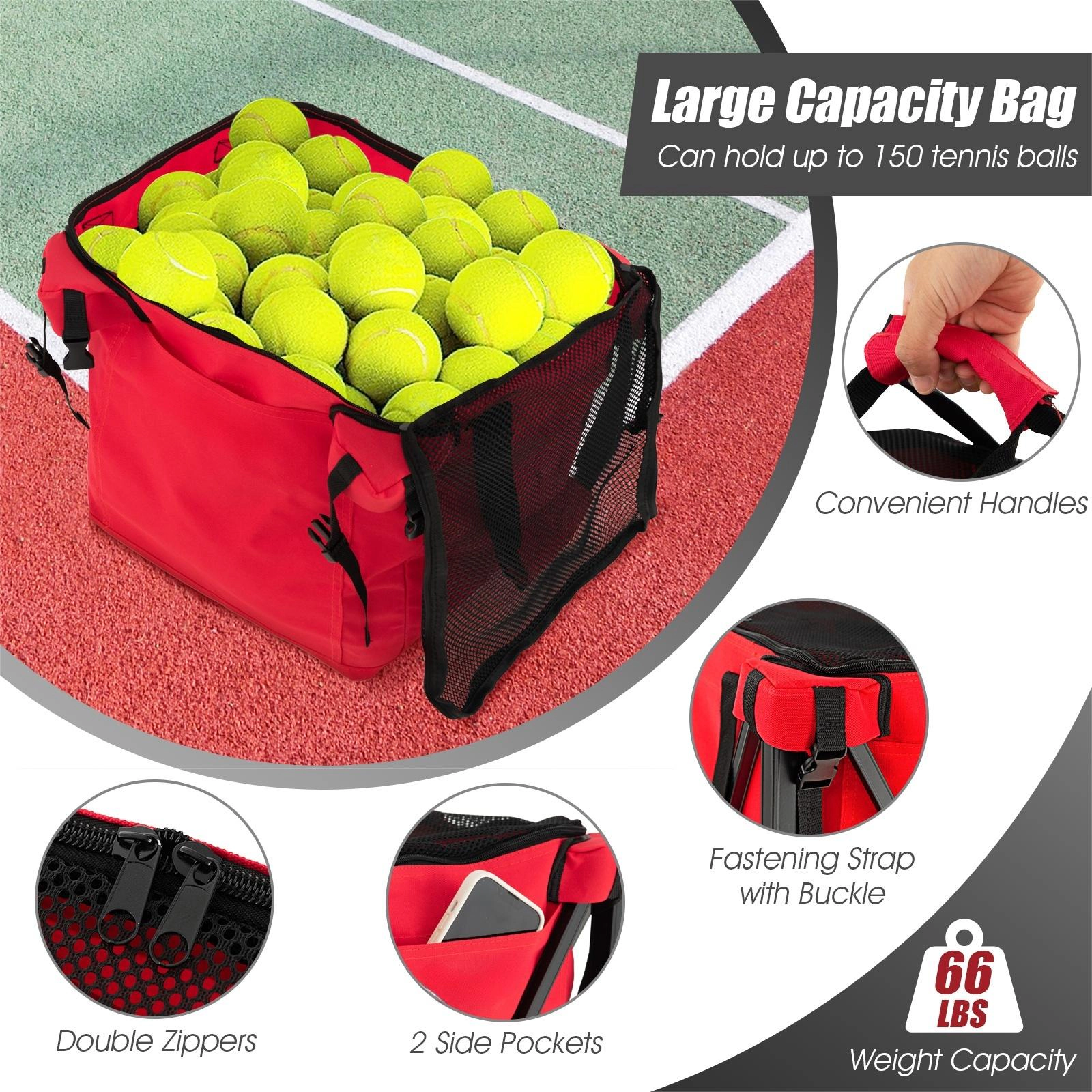 SUGIFT 150-Ball 66-lb Capacity Foldable Aluminum Tennis Ball Cart with 4 Wheels and Removable Bag