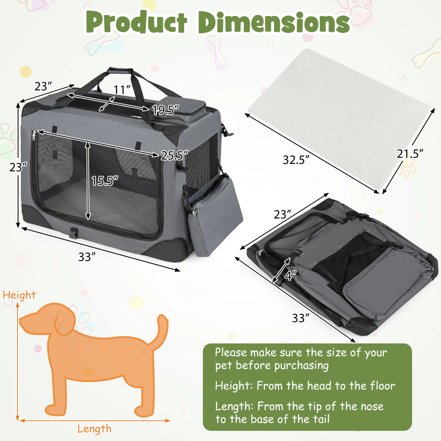 SUGIFT 36-in Gray Collapsible Soft Dog Crate with Fleece Bed Mesh Windows and 3 Doors 25-in W 25-in H