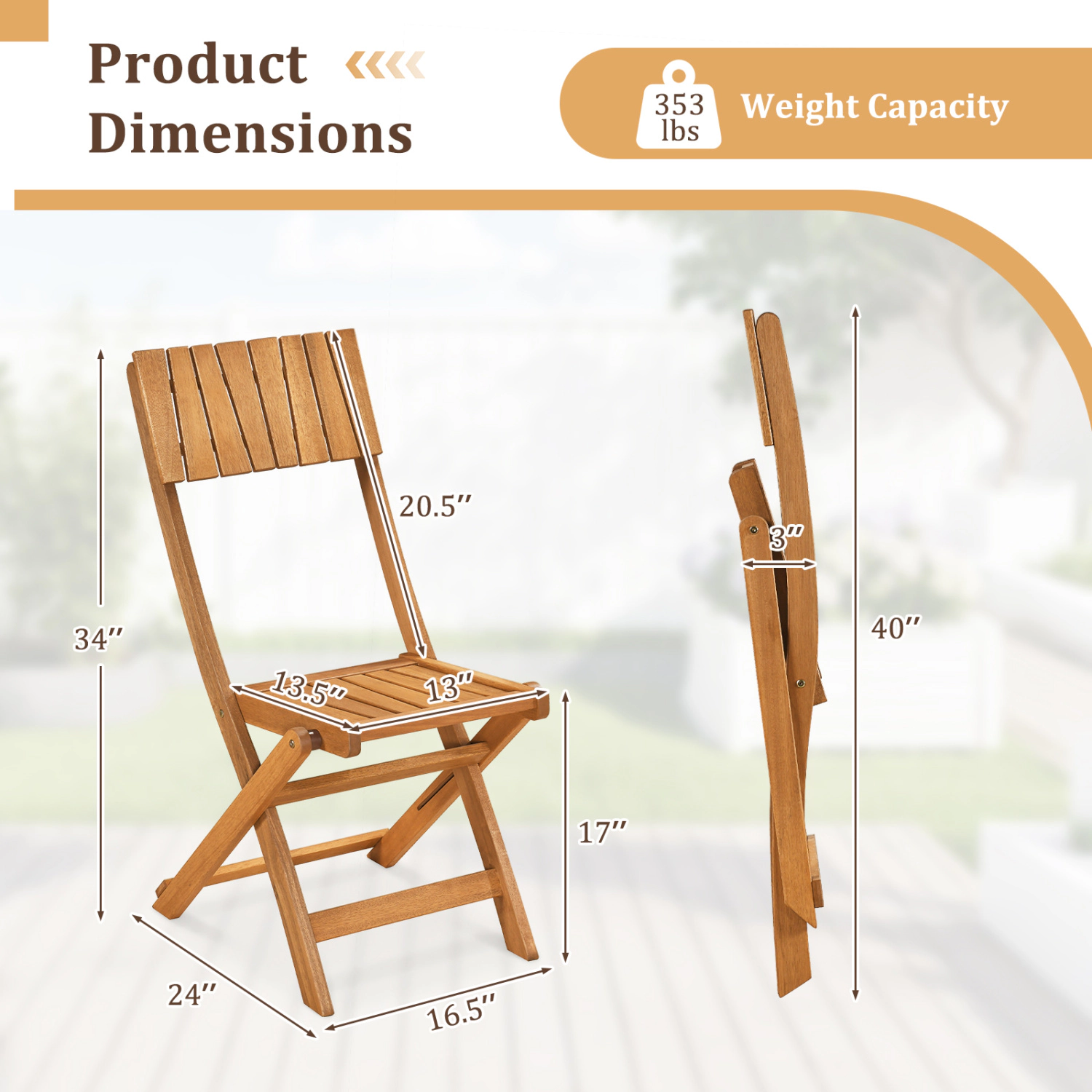 LJG 2 Pack Folding Chairs Sturdy Wood Dining Chairs with Slatted Backrest and Seat