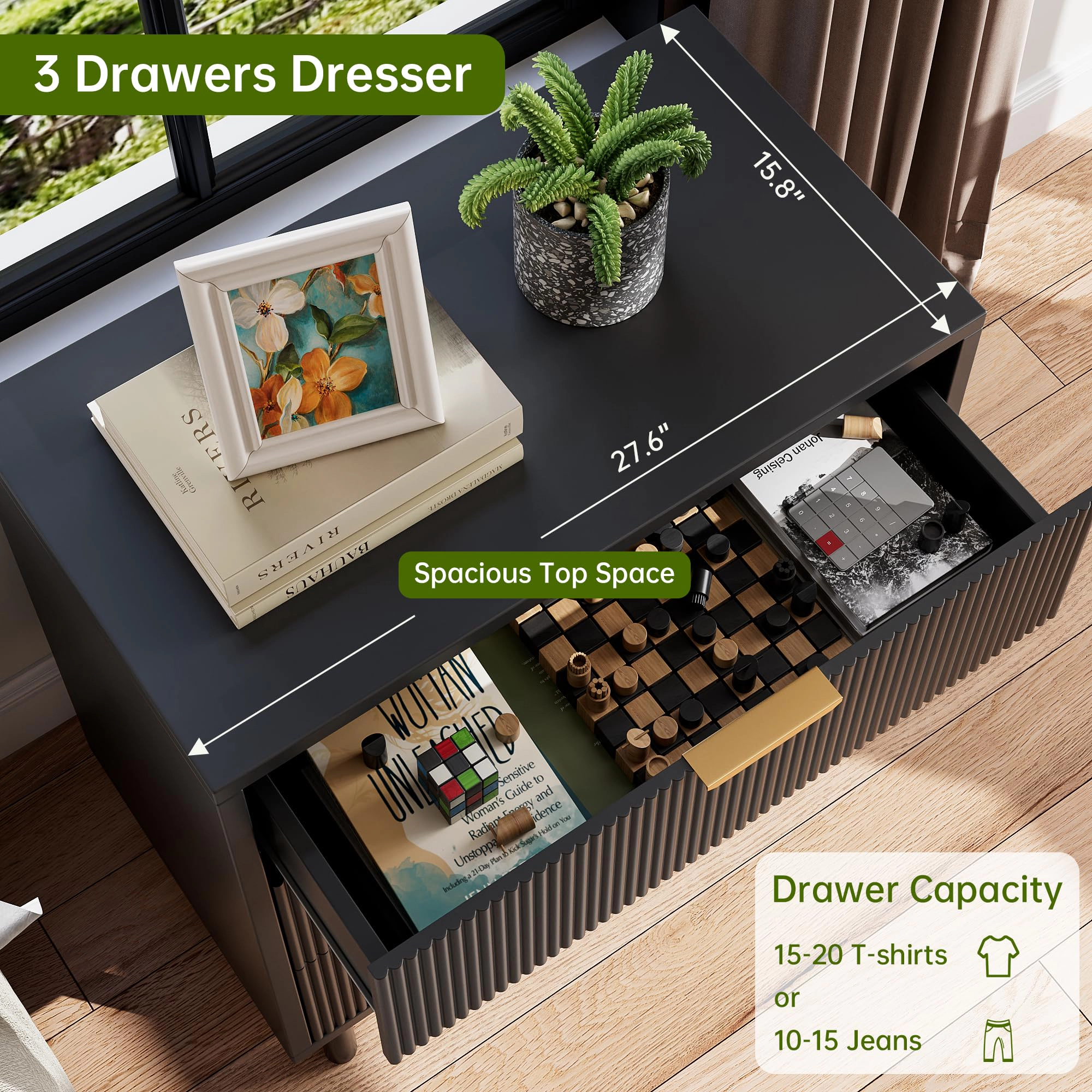 Fluted 3 Drawer Modern Dresser with Metal Legs, Wood Storage Chest for Bedroom Living Room