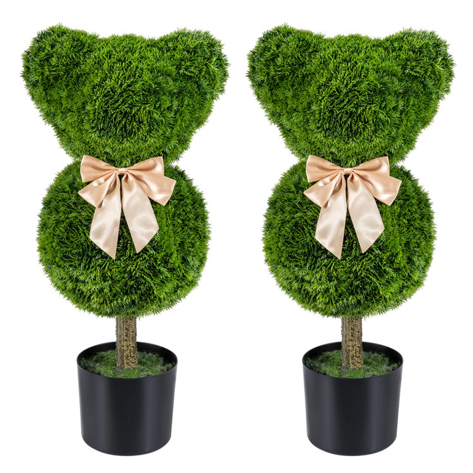 SUGIFT Set of 2 24.5-in Sun-Resistant Bear-Shaped Faux Boxwood Topiary Trees with Golden Bows and Pots