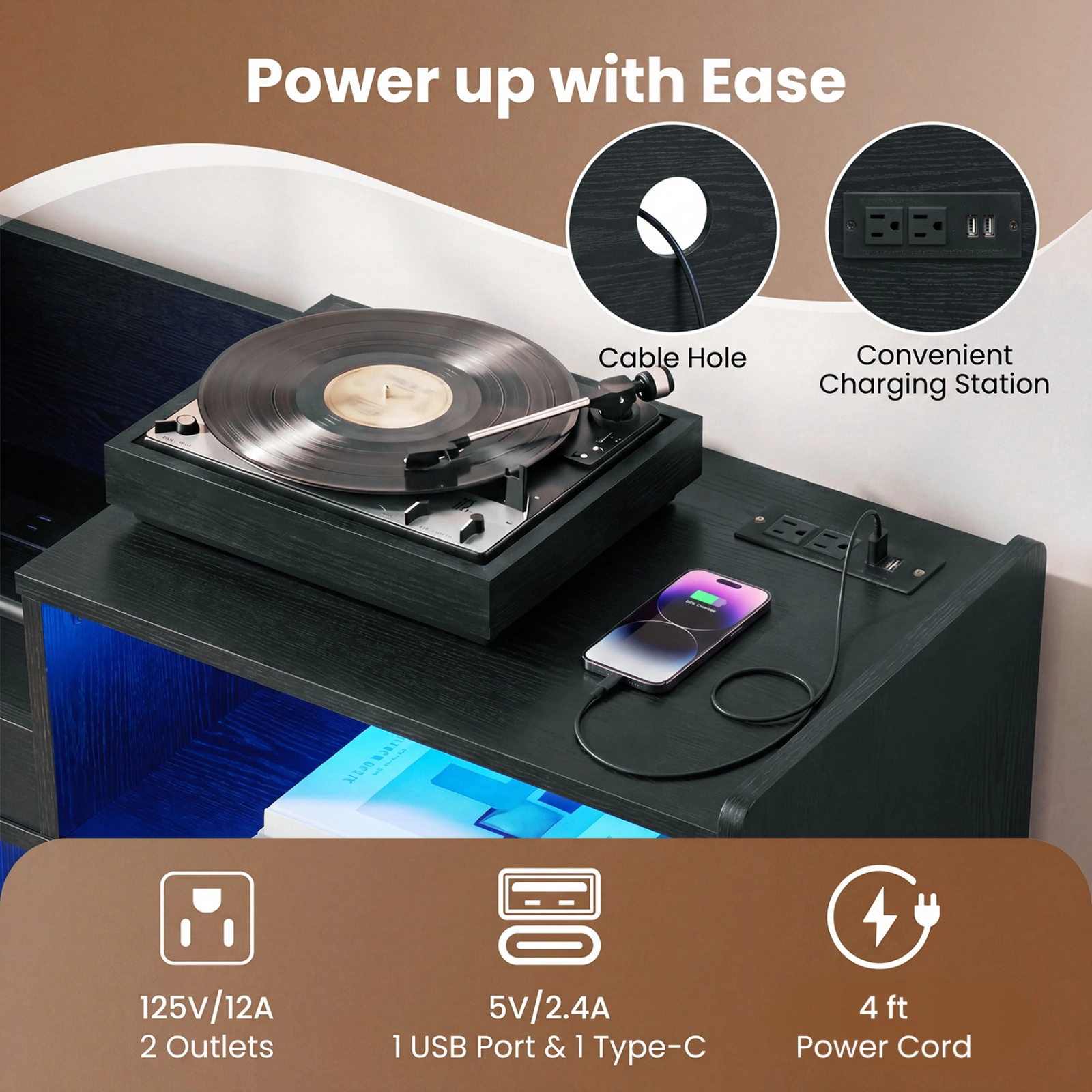 SUGIFT LED Light Record Player Stand with Charging Station 66-lb Tabletop Capacity Rustic Brown Black