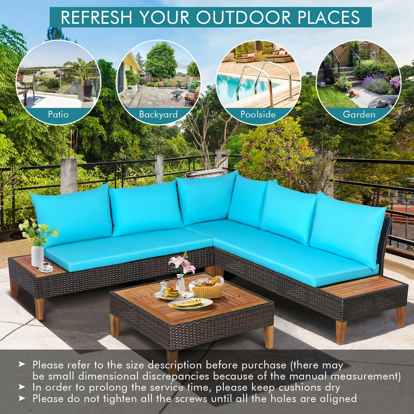 LJG 4 Pieces Patio Cushioned Rattan Furniture Set with Wooden Side Table