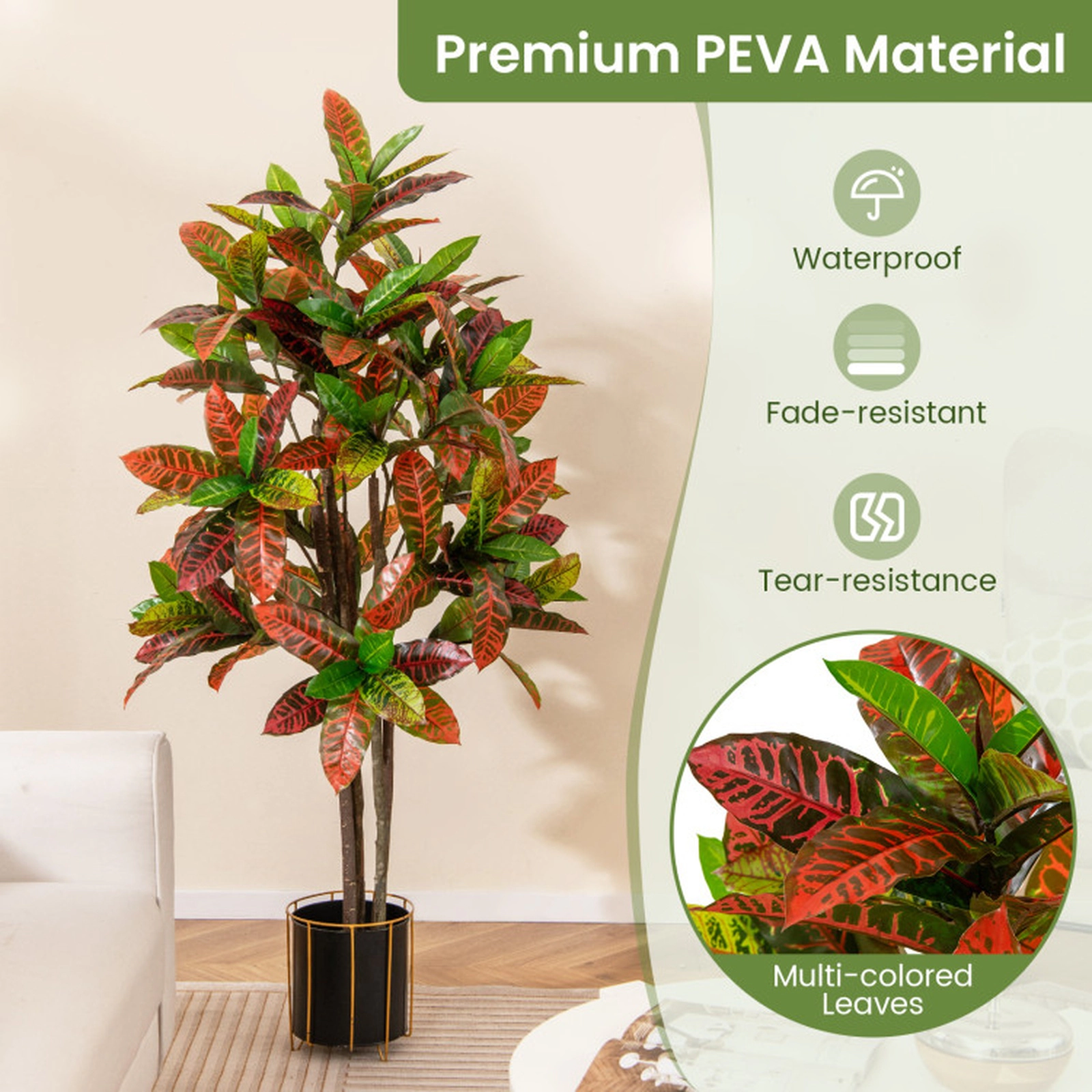 SUGIFT 5-ft Tall Artificial Croton Plant with Gradient Leaves and Nursery Pot 2-Pack 59-in Height Green+Red+Yellow+Brown