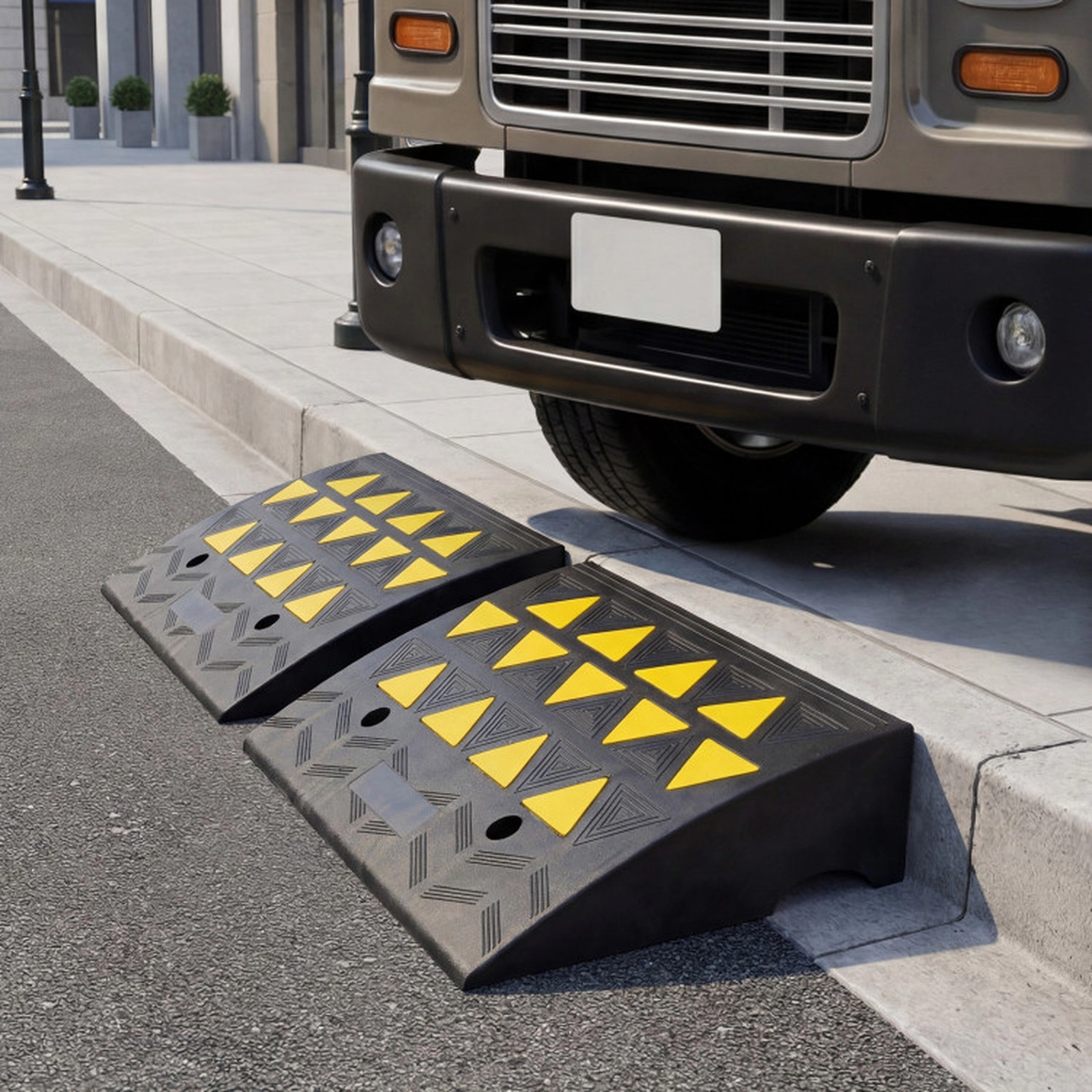 SUGIFT Set of 2 Rubber Drain Channel Driveway Threshold Curb Ramps 19.5-in x 14.5-in x 6.3-in 5/6-in Rise 15-Ton Black