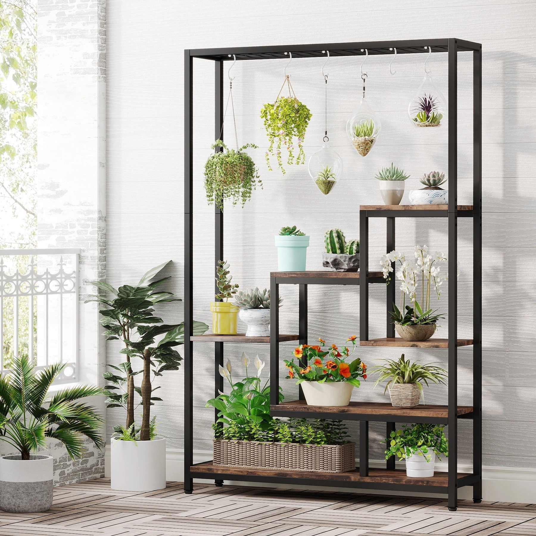 Tribesigns 70.9" Plant Stand, Large Flower Bonsai Shelf with 6 S Hanging Hooks