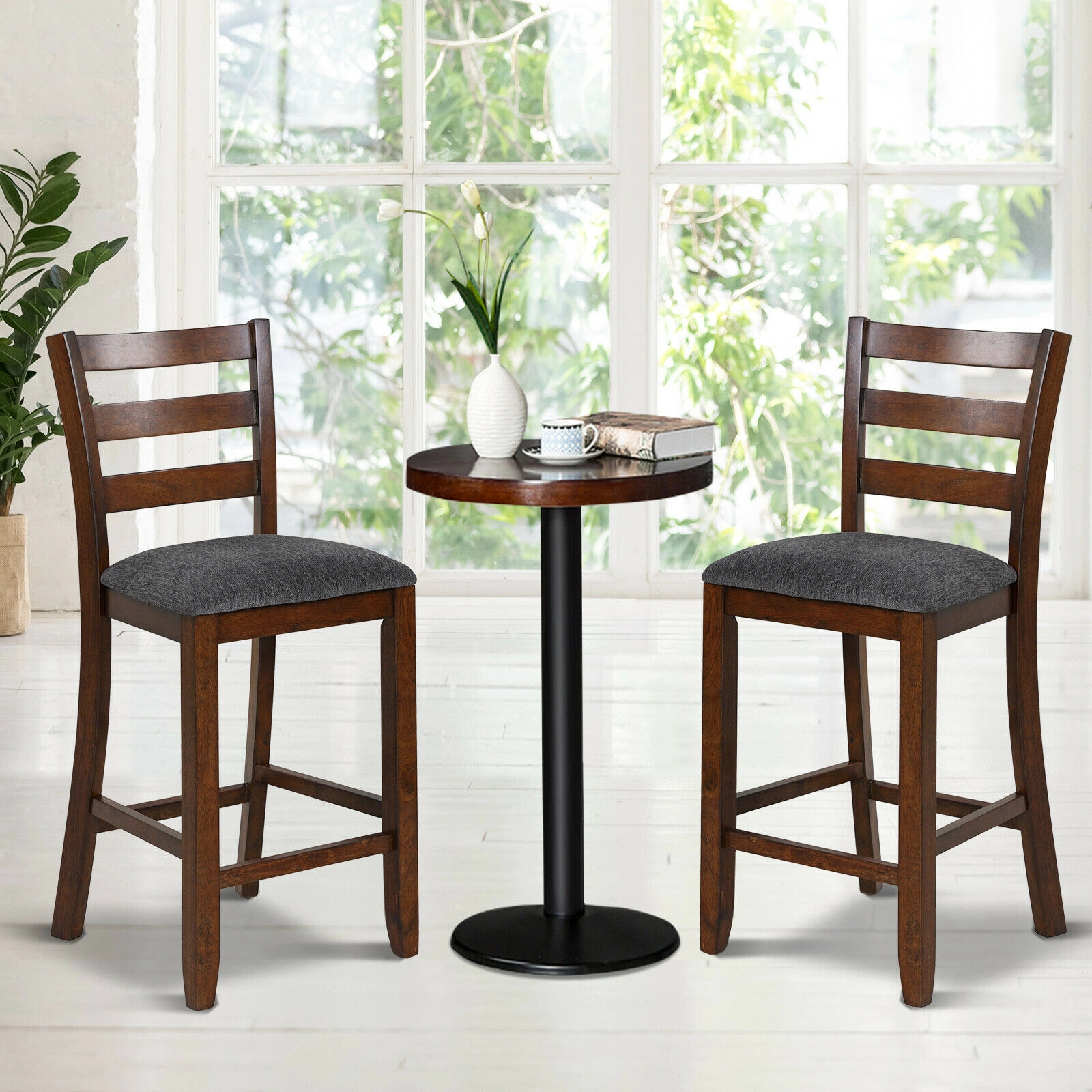 SUGIFT Set of 2 26-in Seat H Fabric Seat and Rubber Wood Legs 330-lb Counter Height Bar Stools Brown