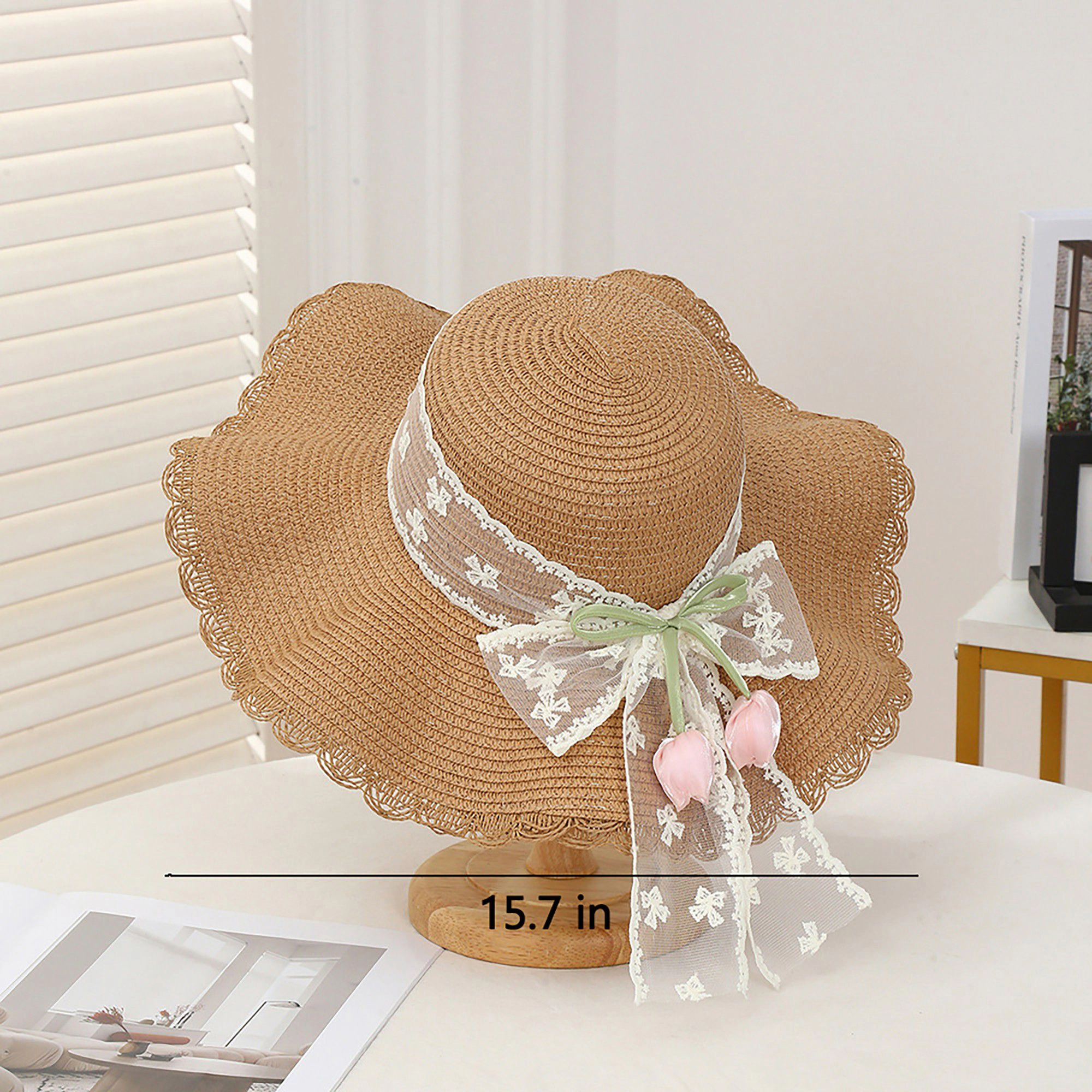Anna-Kaci Women's Wide Brim Straw Sun Hat with Scalloped Edge Lace Bow and Floral Accent