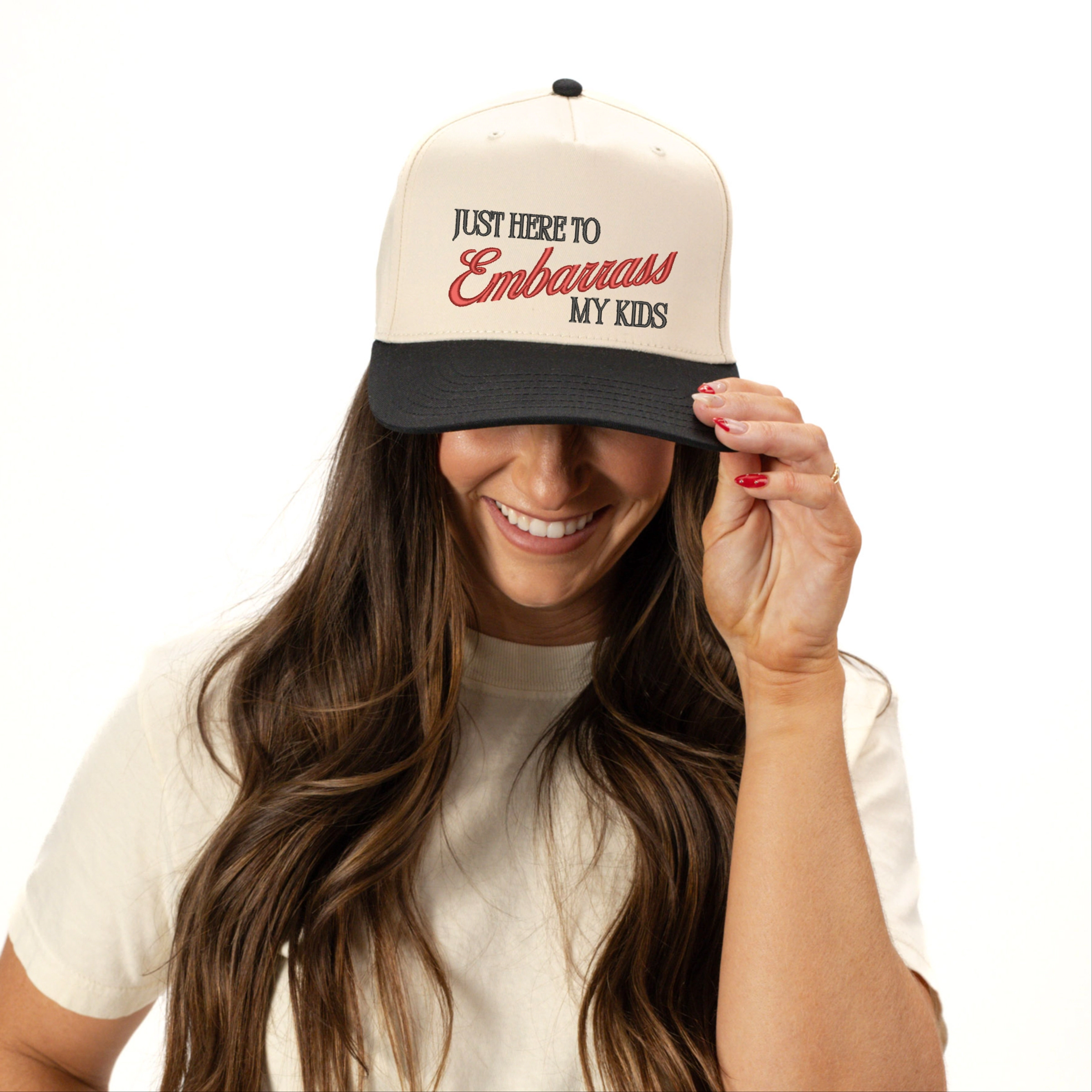 Simply Sage Market - Women's Canvas Trucker Hat Embroidered Just Here To Embarrass My Kids