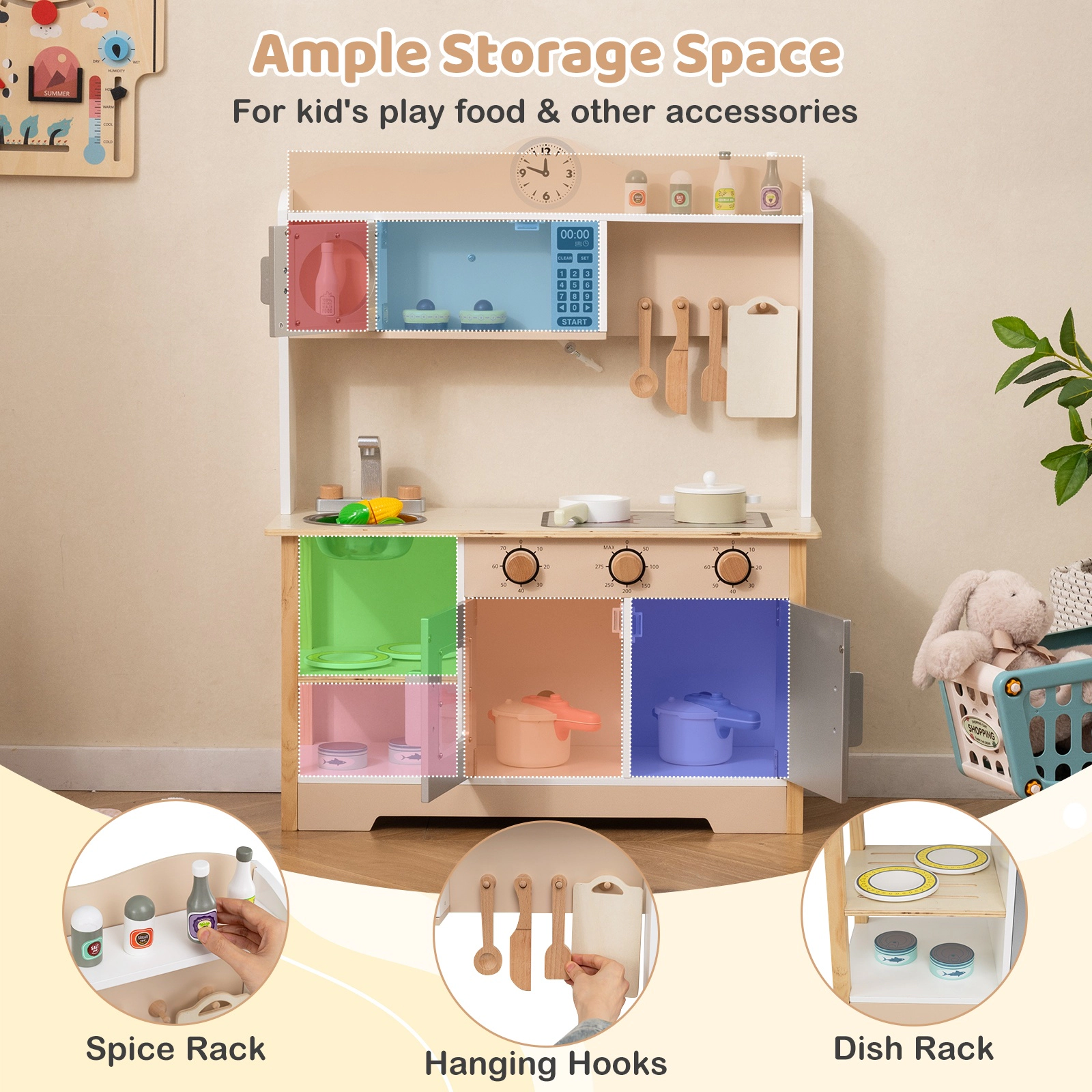 SUGIFT Wooden Play Kitchen Cooking Toy Playset with 13 Accessories for Kids Ages 3+ 27-in Wide White Natural Gray