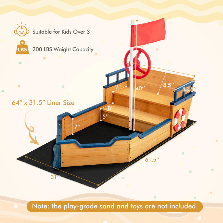 Hivvago Kids Pirate Boat Wooden Sandbox Children Outdoor Playset