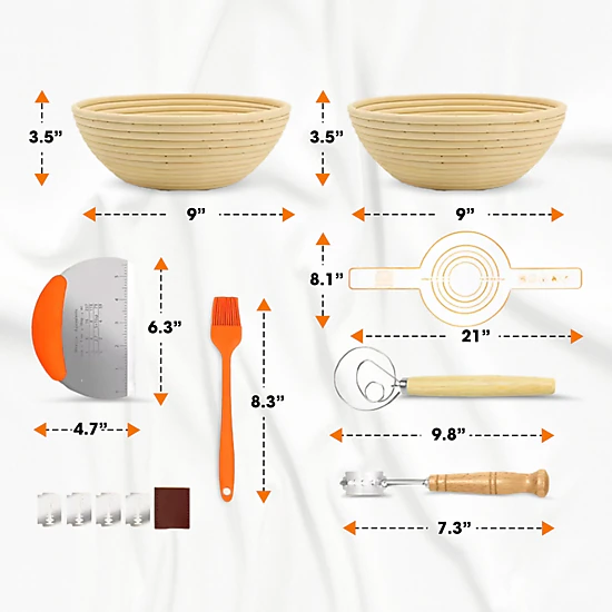 Cheer Collection Sourdough Proofing Set with 2 Round 9-Inch Rattan Bannetons and Baking Tools