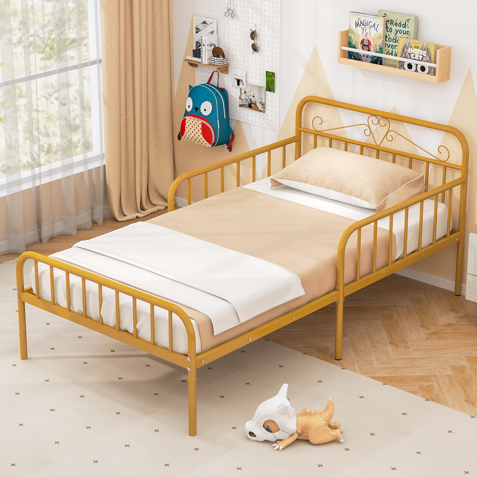 Twin Size Metal Bed Frame with Headboard and 10.5-in Safety Side Guardrails 485-lb Capacity 6 Support Legs Gold