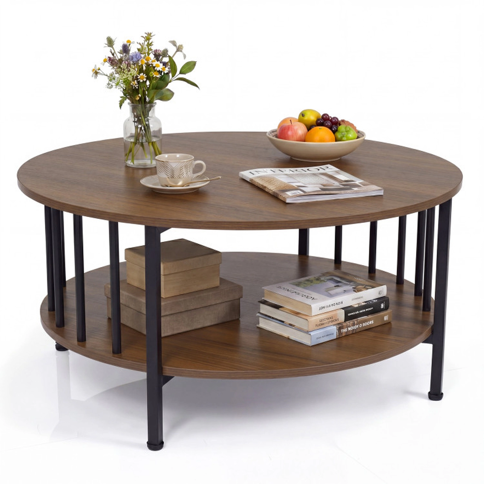 SUGIFT 2-Tier Round Coffee Table with Storage Shelf and Metal Accents 220-lb Capacity Black/Walnut