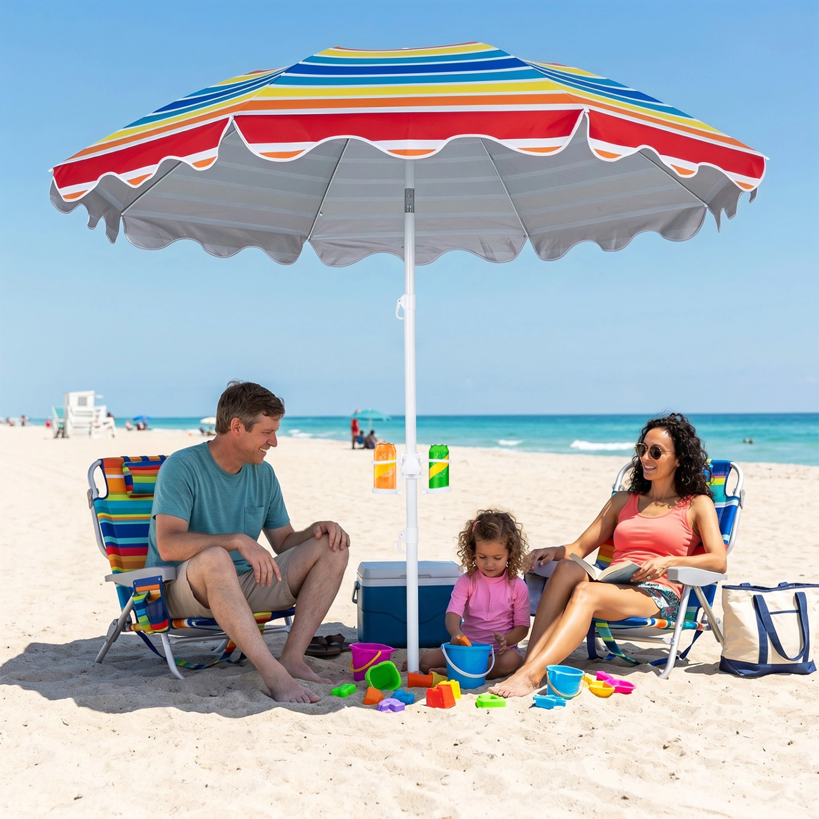 SUGIFT 7-ft Rainbow UPF 50+ Beach Umbrella with 16-in Sand Anchor Tilt Fiberglass Ribs and Cup Holders