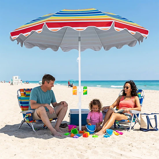 SUGIFT 7-ft Rainbow UPF 50+ Beach Umbrella with 16-in Sand Anchor Tilt Fiberglass Ribs and Cup Holders