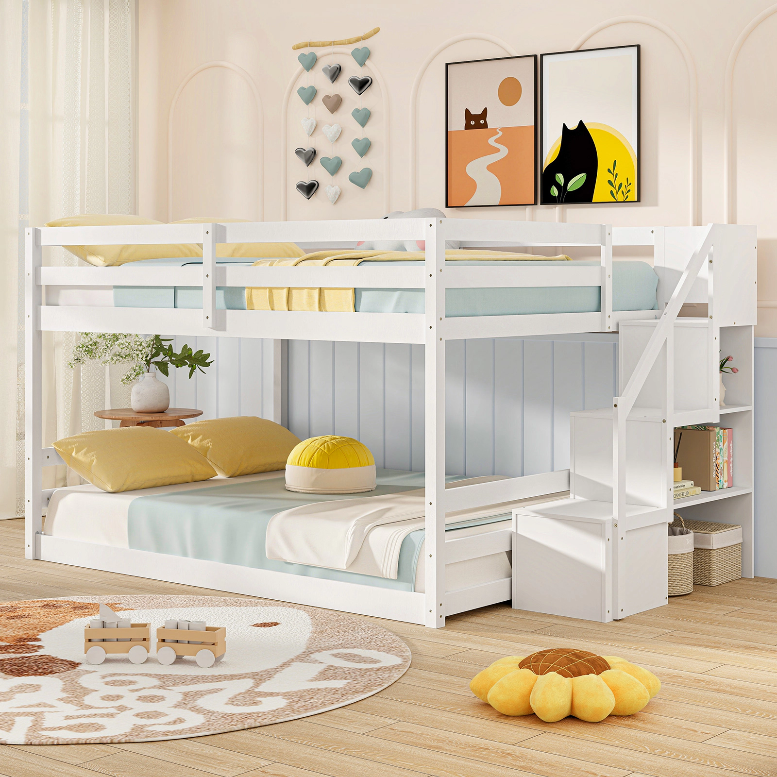 SUGIFT Full-Over-Full Low Bunk Bed with Storage Stairs, Handrails, White