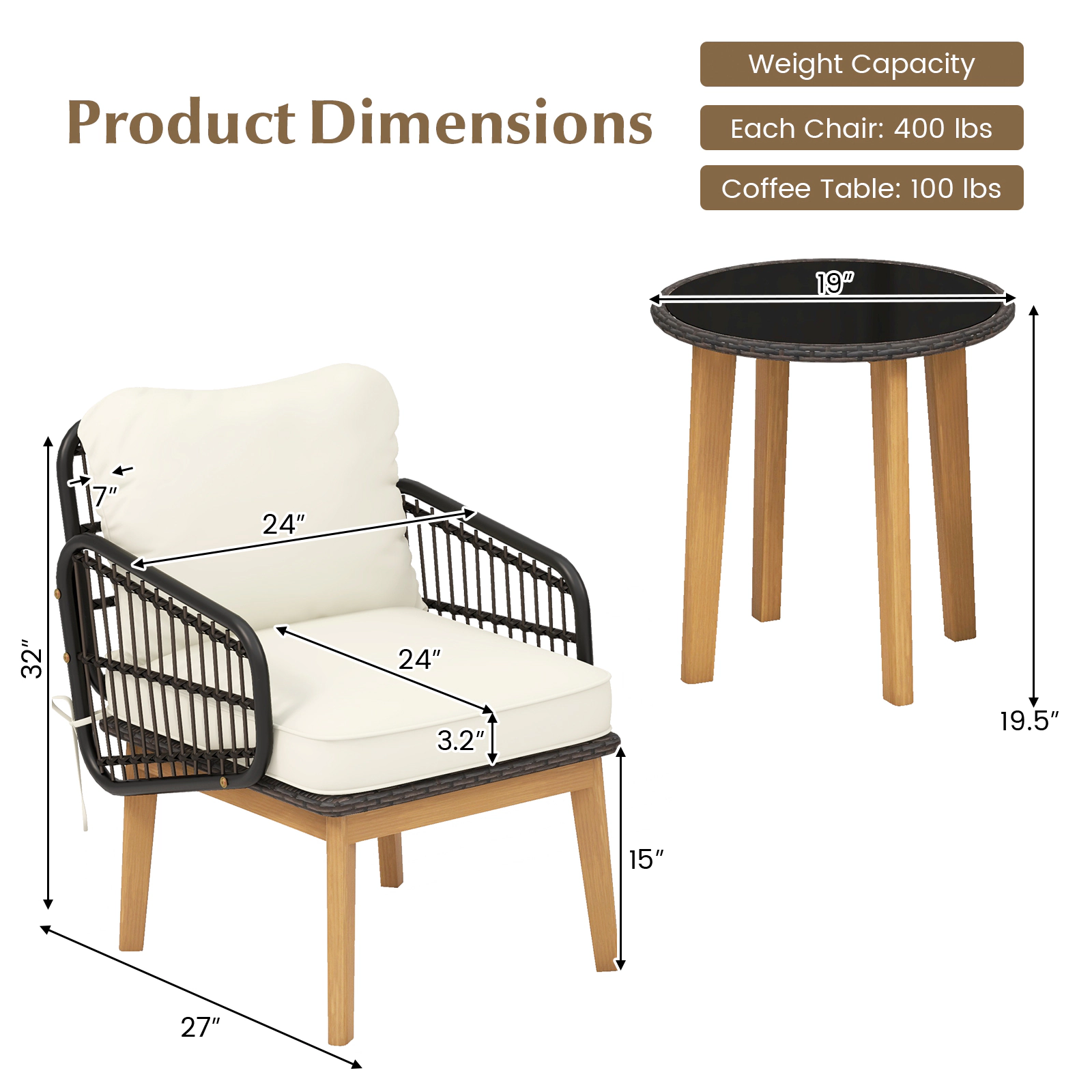 SUGIFT Cushioned Chairs and Round Glass Side Table 3-Piece Black Patio Furniture Set