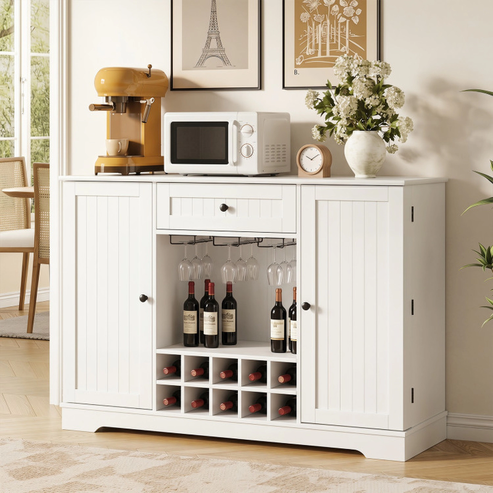 SUGIFT 47.5-in White Sideboard Cabinet with 10-Bottle Removable Wine Rack Glass Holder and Door Shelves