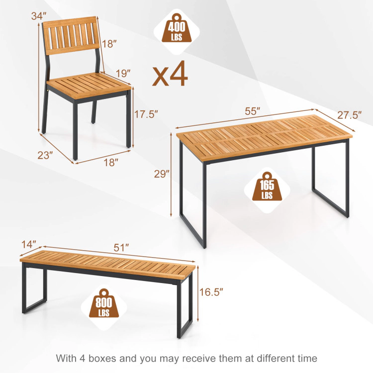 Hivvago 6 Pieces Outdoor Acacia Wood Dining Set With Bench And 2 Inches Umbrella Hole