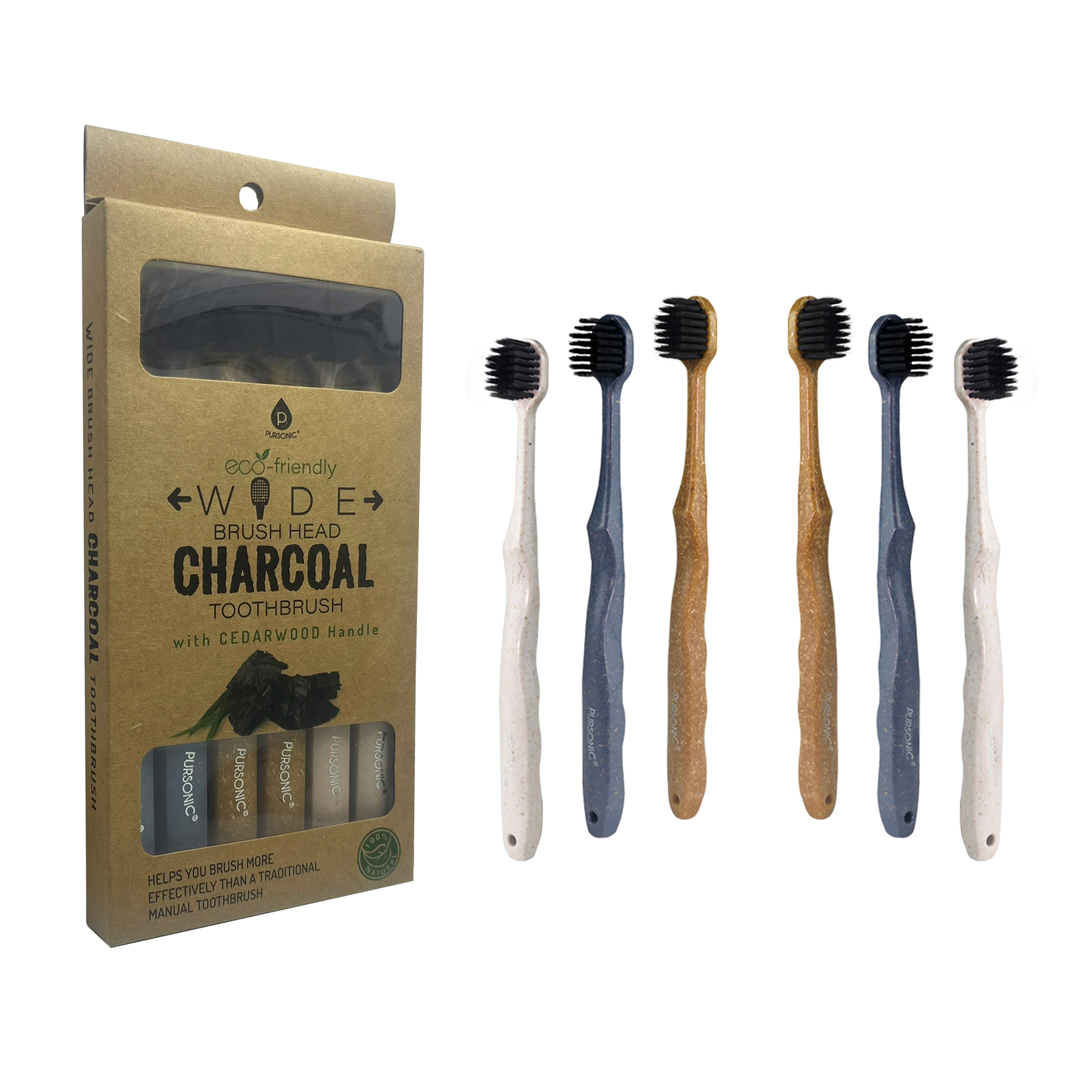 Pursonic Unisex Charcoal Whitening Toothbrush – Wide Brush Head Natural Cedarwood Handle Toothbrush