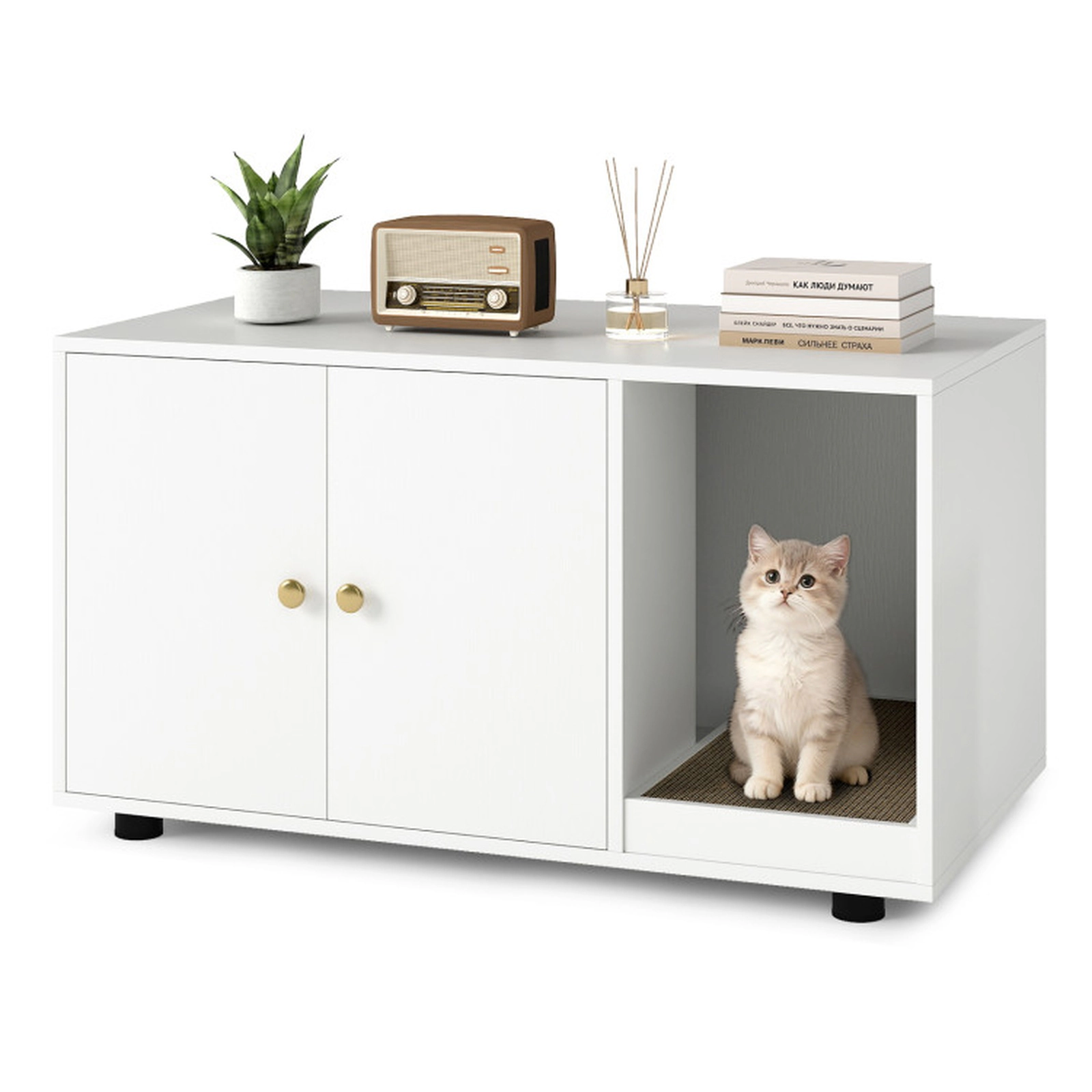 SUGIFT 35.5 x 20-in 88-lb Capacity White Wooden Hidden Litter Box Enclosure Furniture with Removable Scratching Board