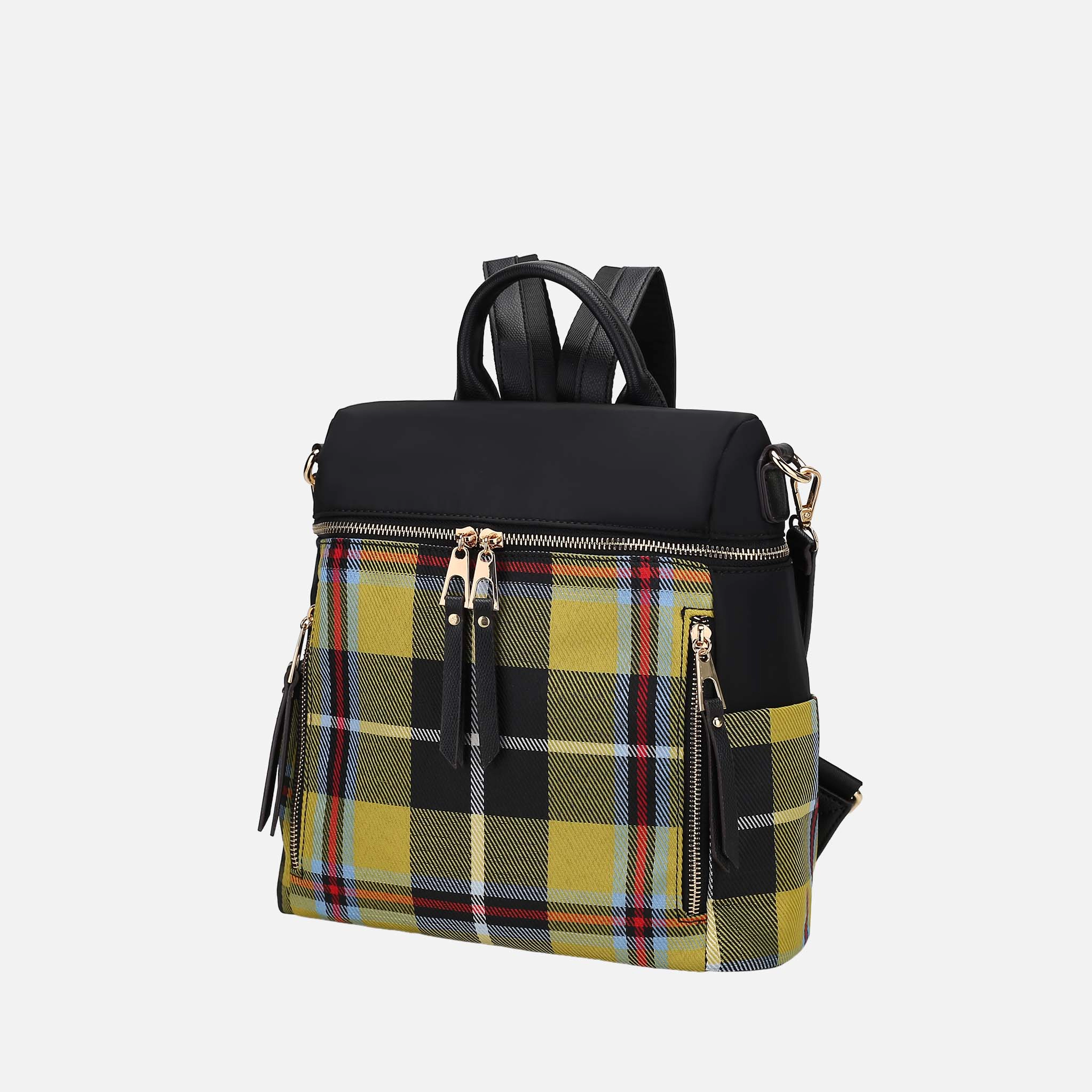 Mia K Collection Nishi Plaid Nylon Backpack with Removable Shoulder Strap - Mustard