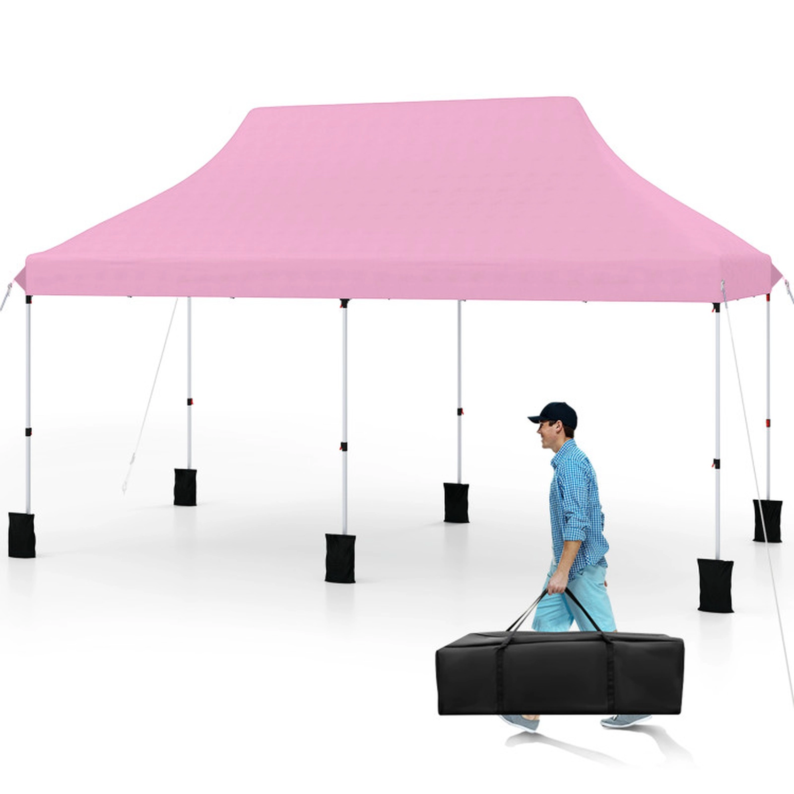 SUGIFT Pink Foldable Outdoor Pop Up Canopy Gazebo Tent with Carry Bag for 15-20 People 20-ft W 10-ft D 10.4-ft H