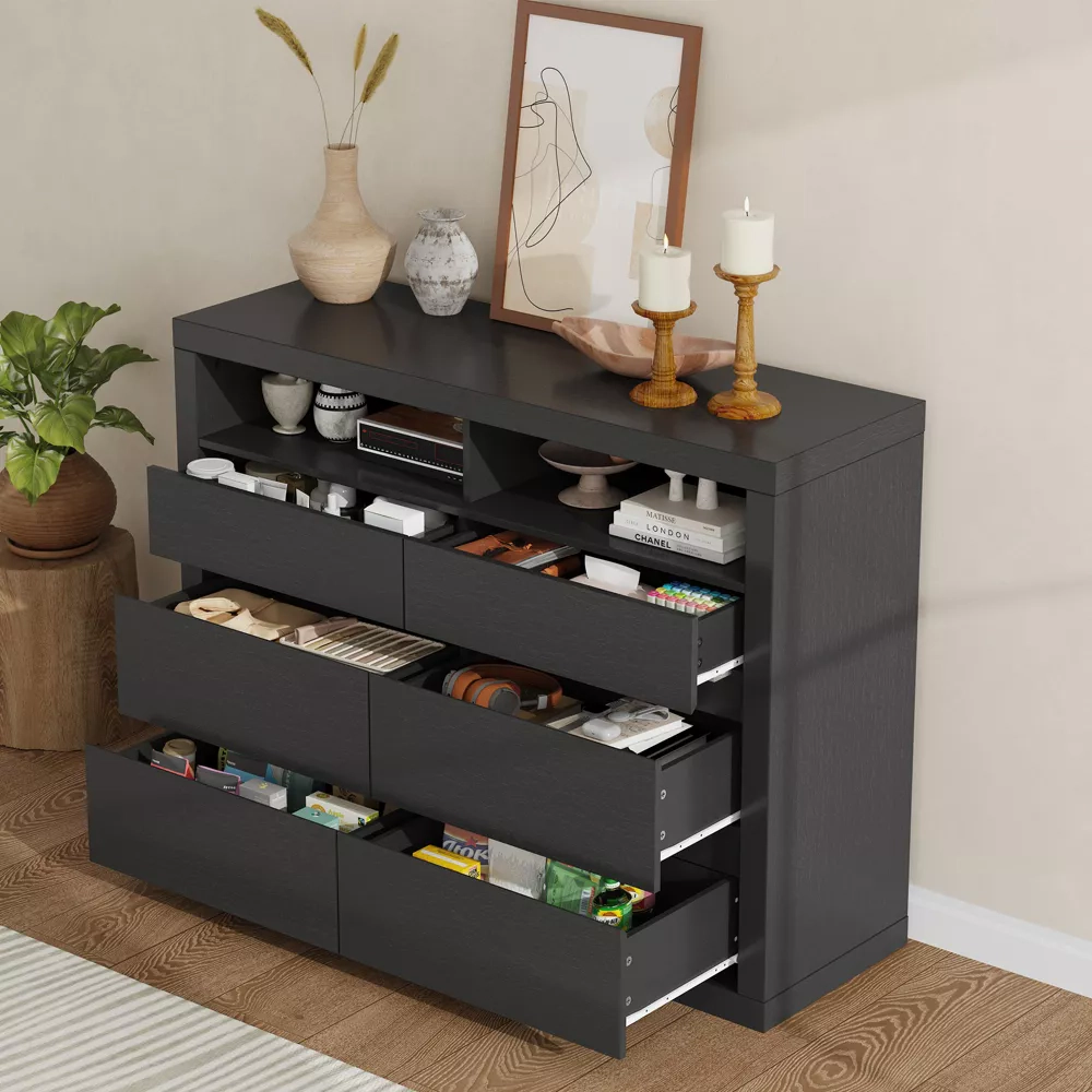6 Drawer Modern Wooden Dresser with 2 Open Shelves, 47" Wide Handleless Storage Chest for Bedroom