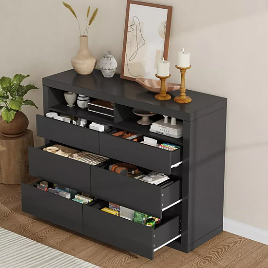 6 Drawer Modern Wooden Dresser with 2 Open Shelves, 47" Wide Handleless Storage Chest for Bedroom